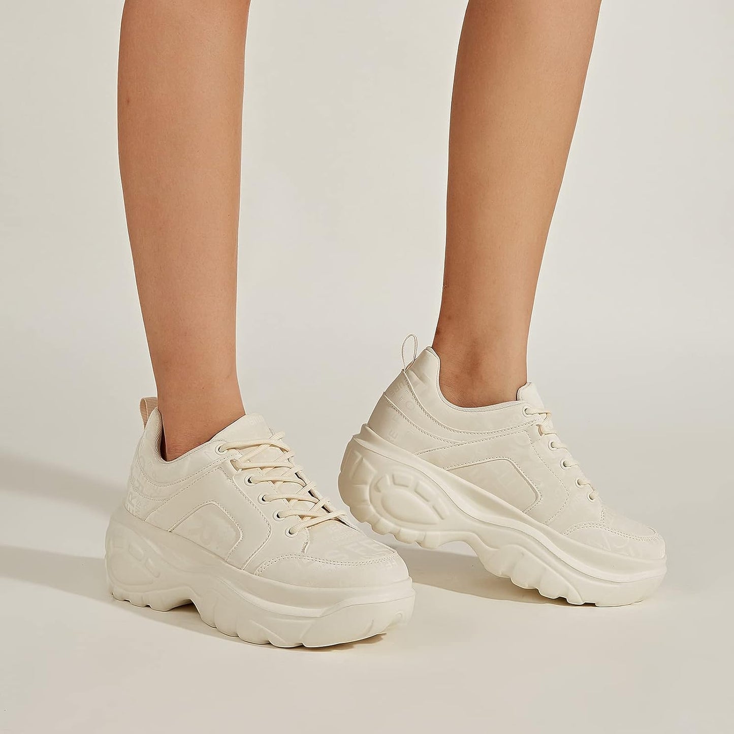 LUCKY STEP Chunky Platform Trainers Casual Lace-Up Walking Beige Ladies US10 NEW