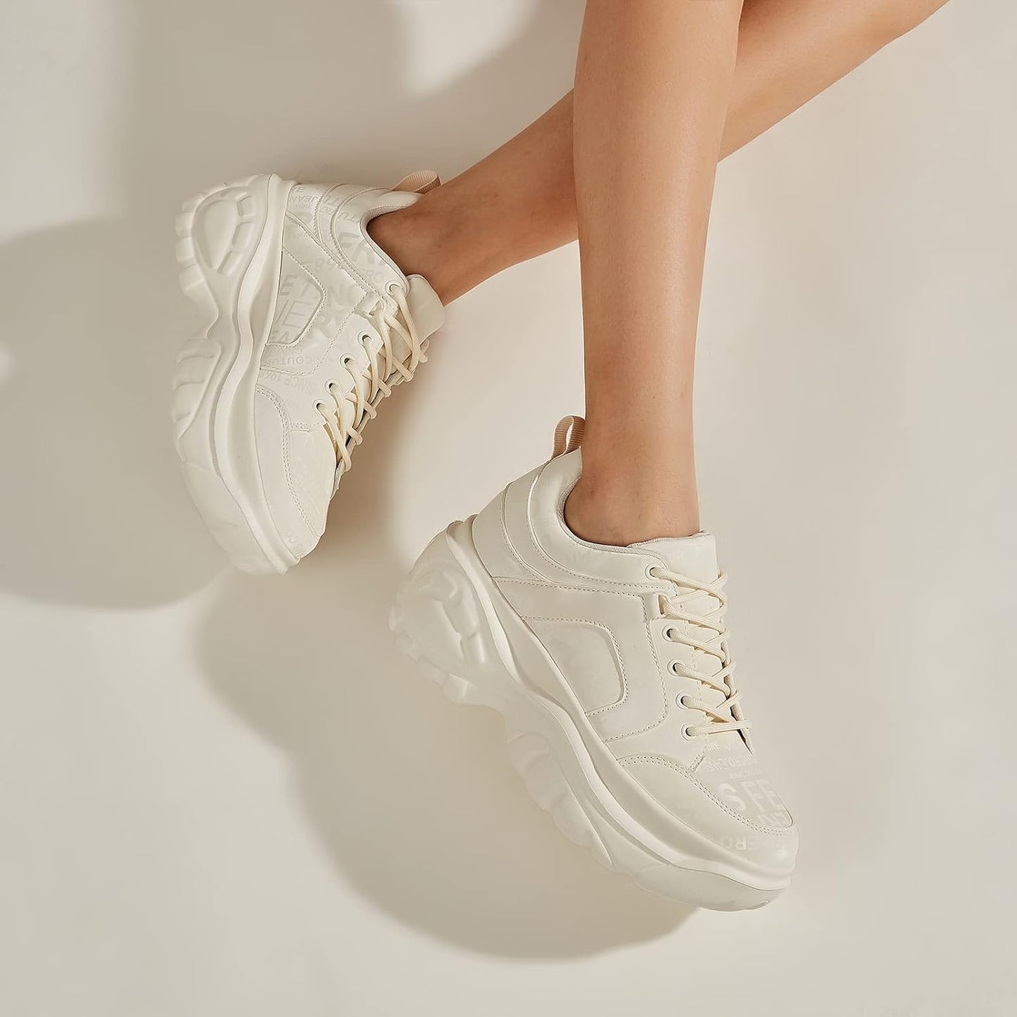 LUCKY STEP Chunky Platform Trainers Casual Lace-Up Walking Beige Ladies US10 NEW