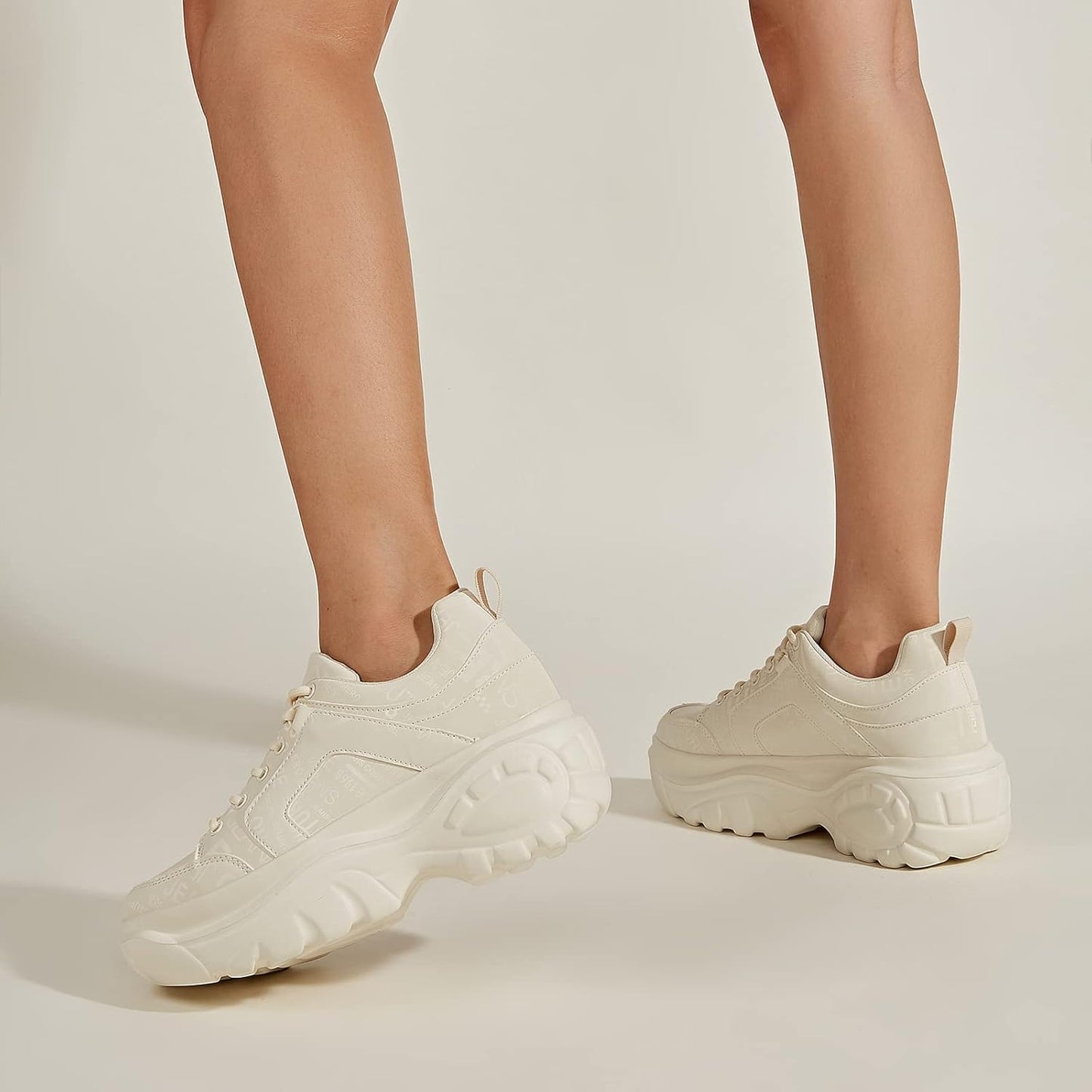 LUCKY STEP Chunky Platform Trainers Casual Lace-Up Walking Beige Ladies US10 NEW