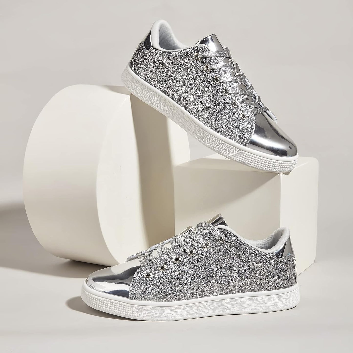 LUCKY STEP Glitter Lace-Up Fashion Trainers Sparkly Silver Shoes Women US 6 NEW