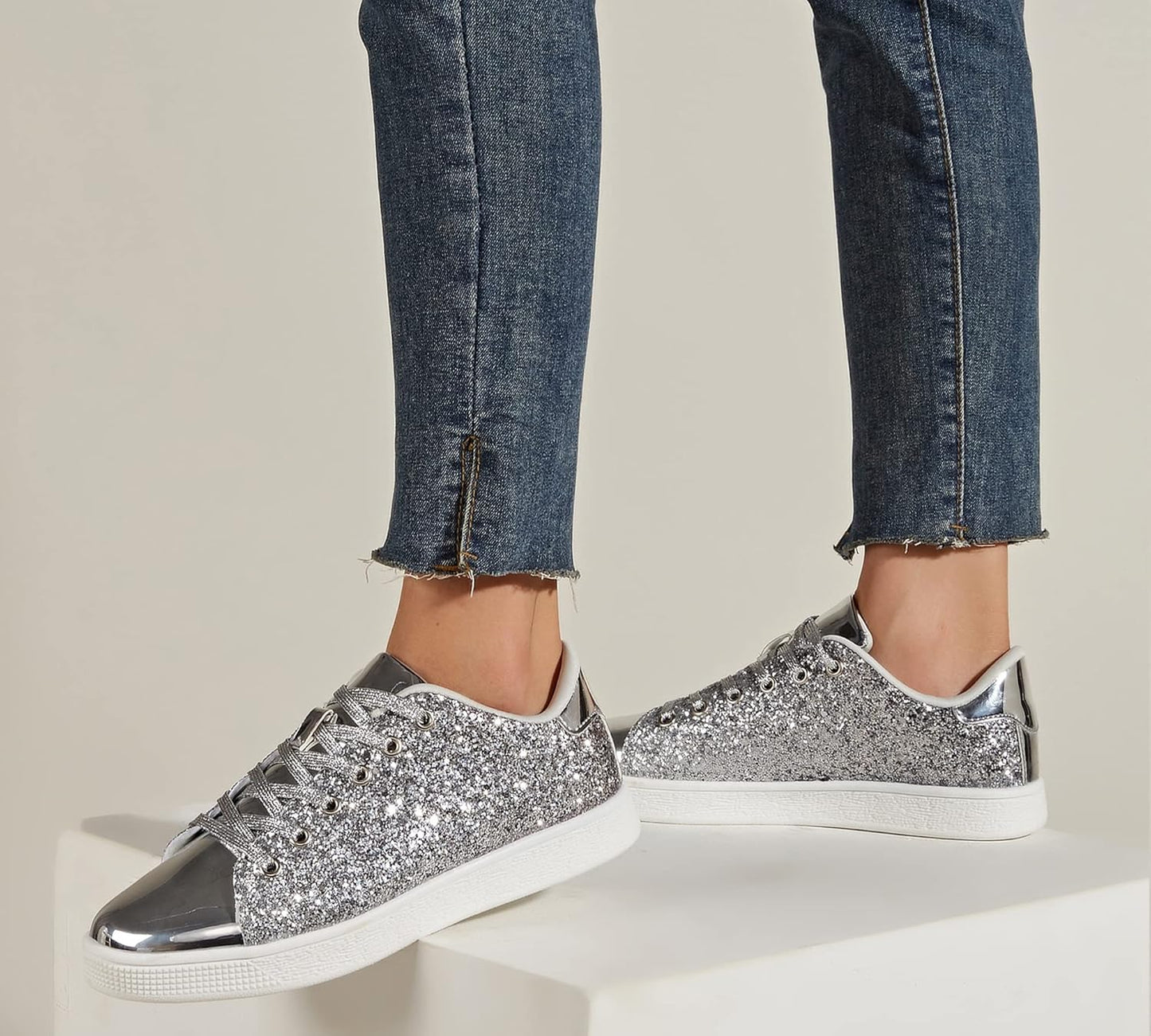 LUCKY STEP Glitter Lace-Up Fashion Trainers Sparkly Silver Shoes Women US 6 NEW