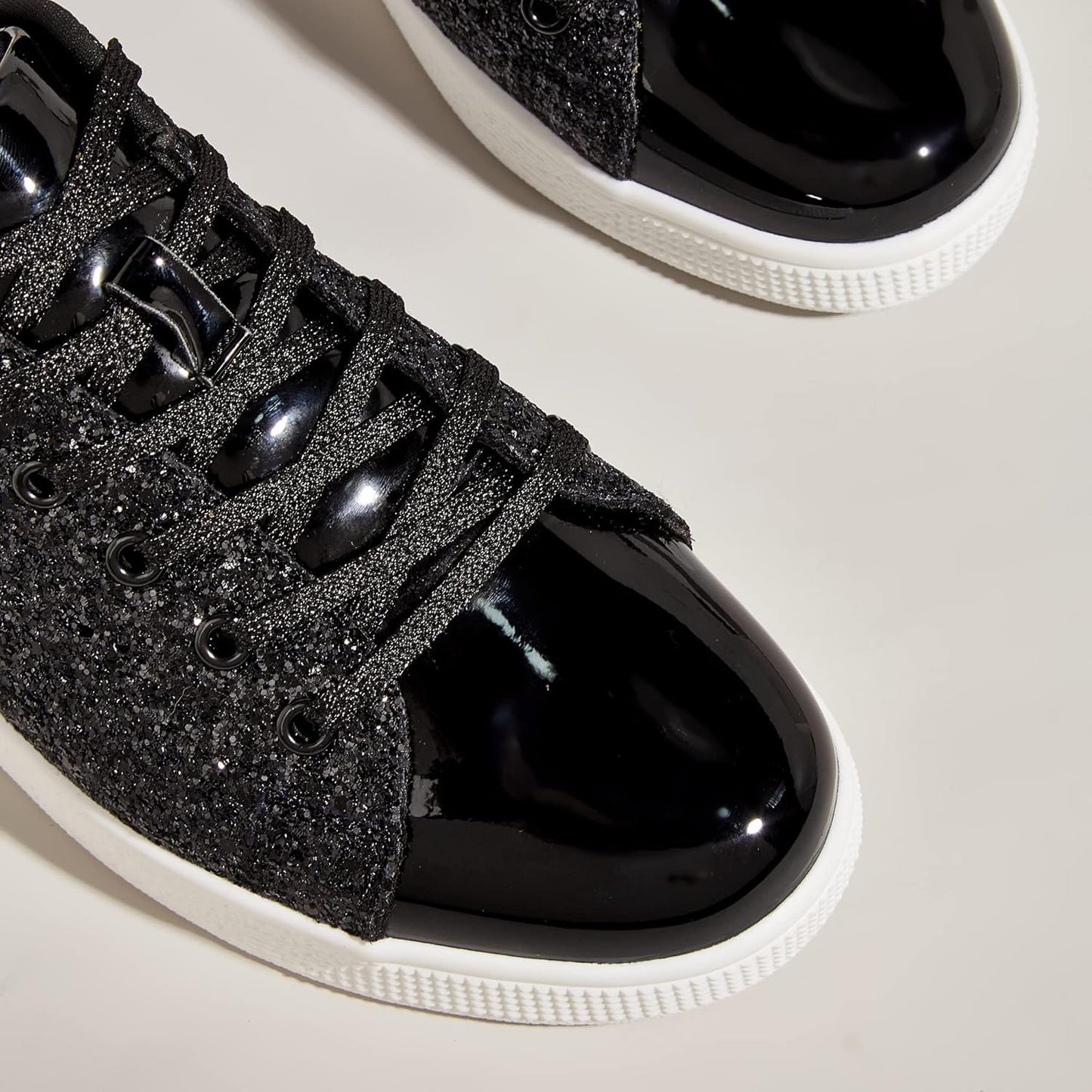 LUCKY STEP Glitter Lace-Up Trainers Sparkly Shoes Women Black Sneakers US 7 NEW