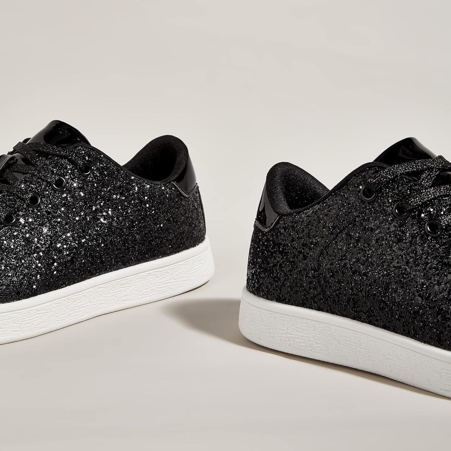 LUCKY STEP Glitter Lace-Up Trainers Sparkly Shoes Women Black Sneakers US 7 NEW