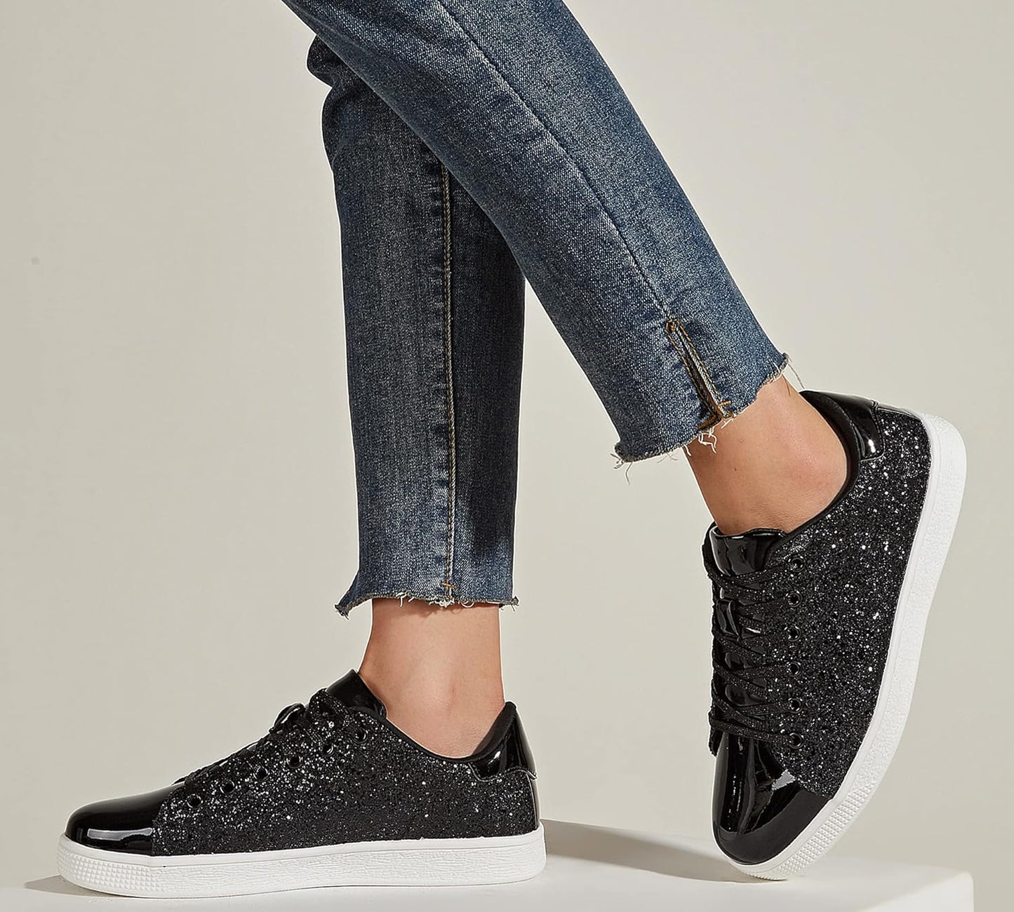 LUCKY STEP Glitter Lace-Up Trainers Sparkly Shoes Women Black Sneakers US 7 NEW