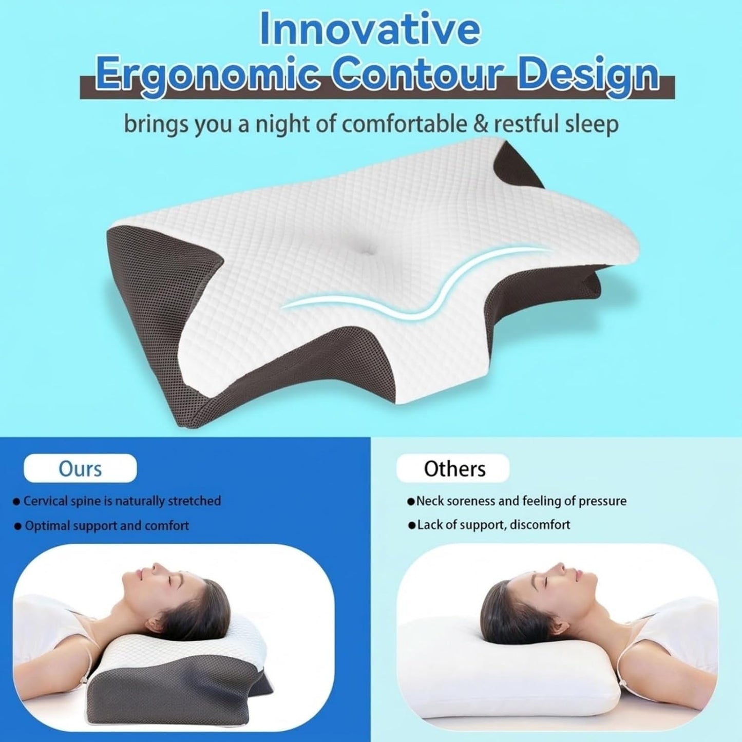 ZH CAHA Ergonomic Contour Memory Foam Neck Pillow for Pain Relief Grey-White NEW
