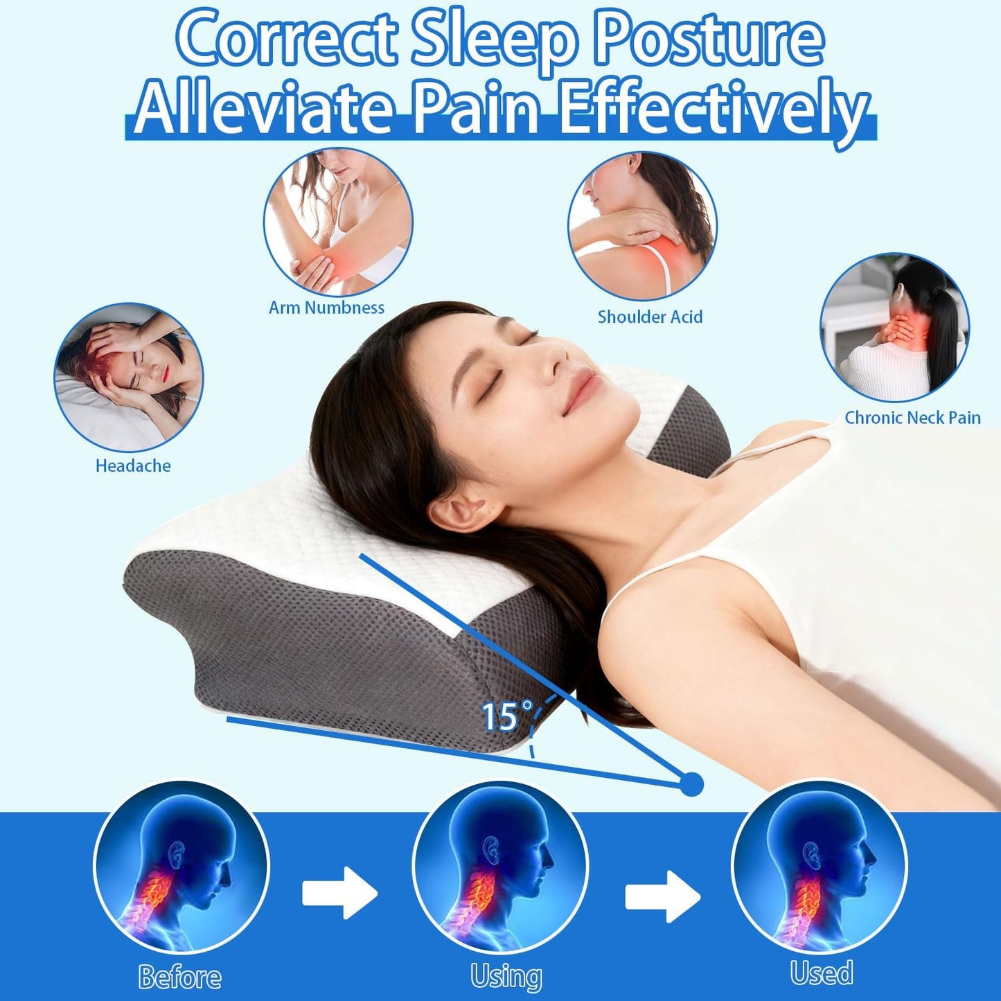 ZH CAHA Ergonomic Contour Memory Foam Neck Pillow for Pain Relief Grey-White NEW
