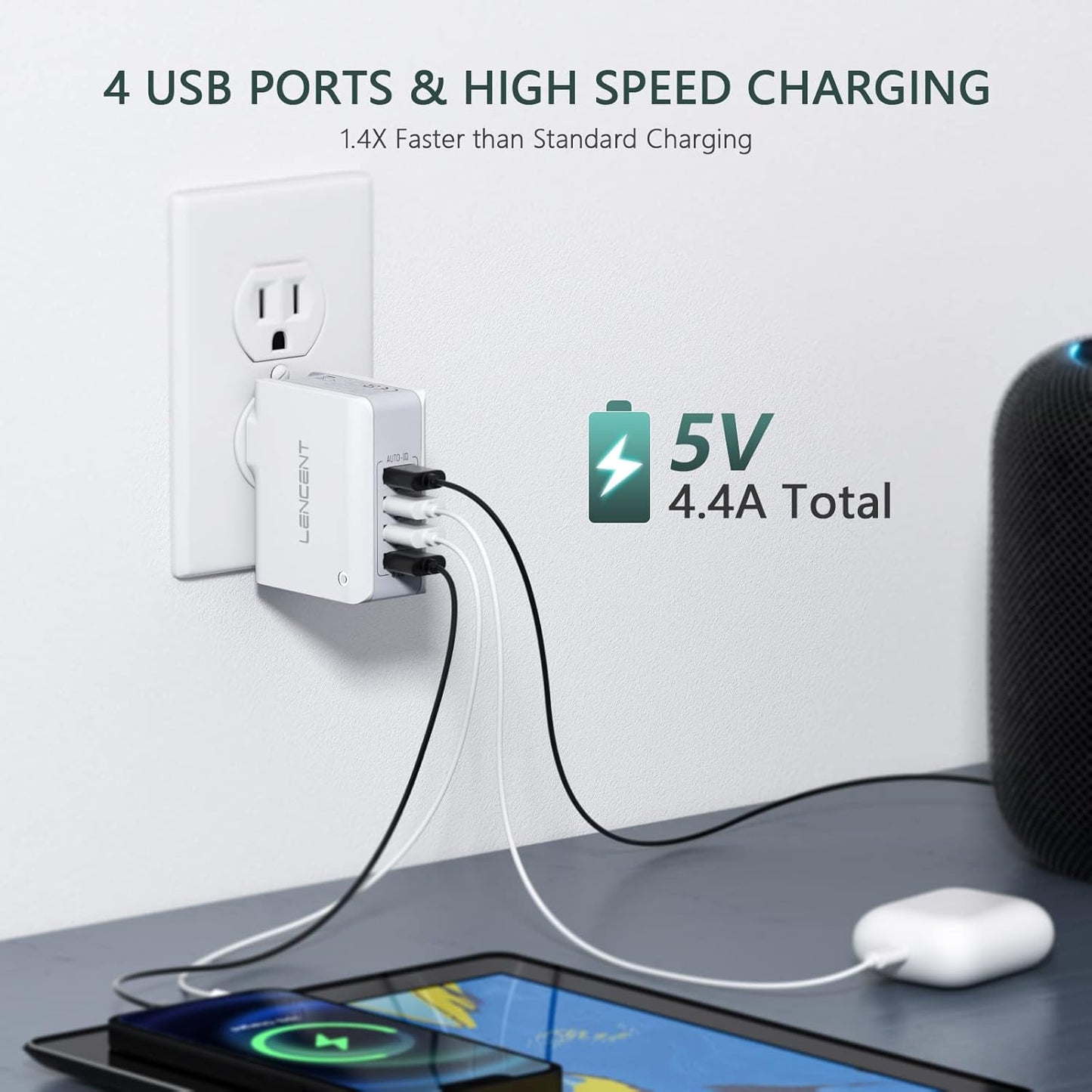 LENCENT 4-Port Mains Chargers Universal Travel Adapter Charger 22W/5V 4.4A NEW
