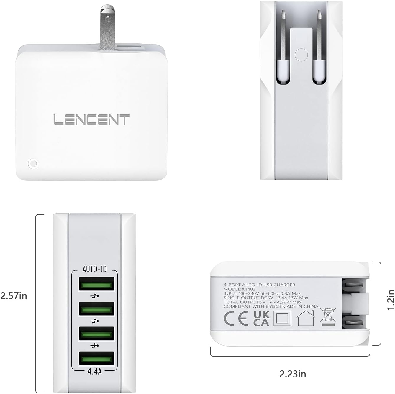 LENCENT 4-Port Mains Chargers Universal Travel Adapter Charger 22W/5V 4.4A NEW