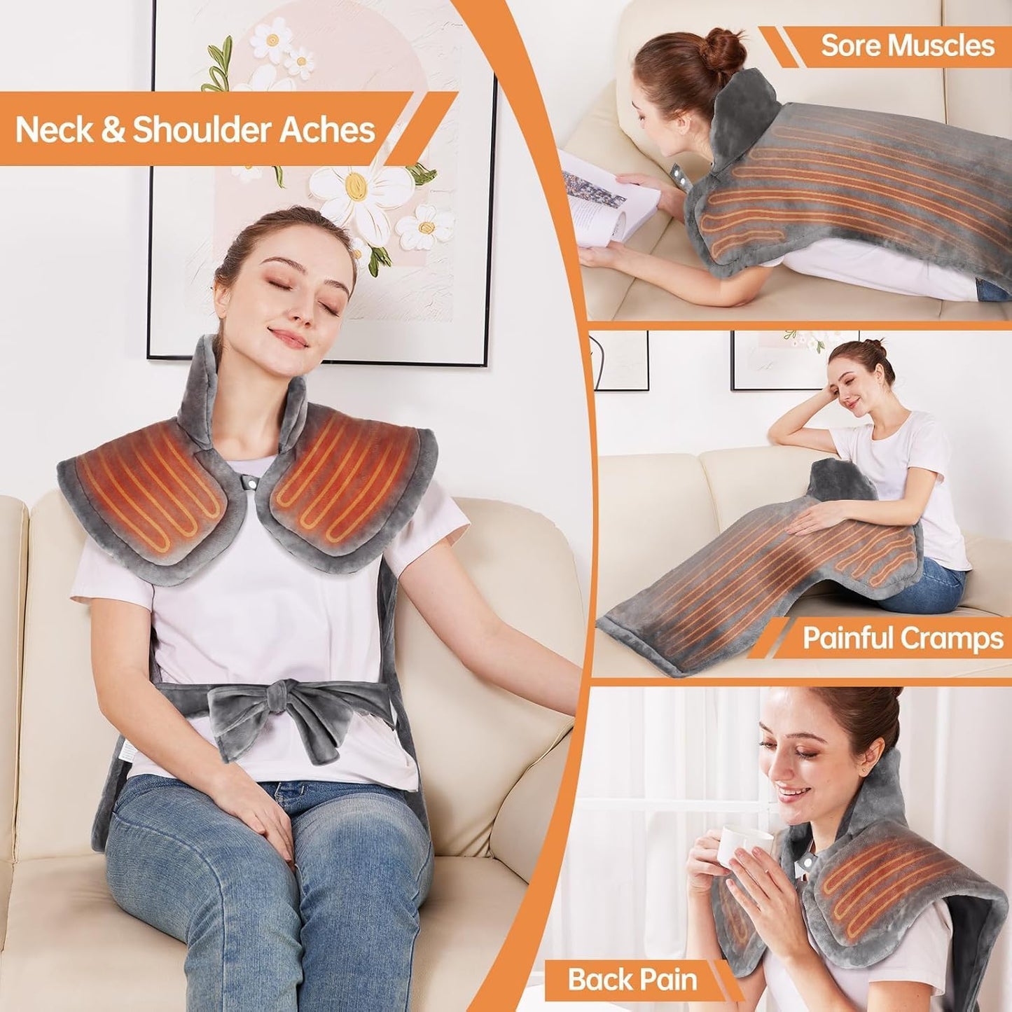 AERLANG Extra-Large Electric Heating Pad for Back, Neck and Shoulder Gray NEW