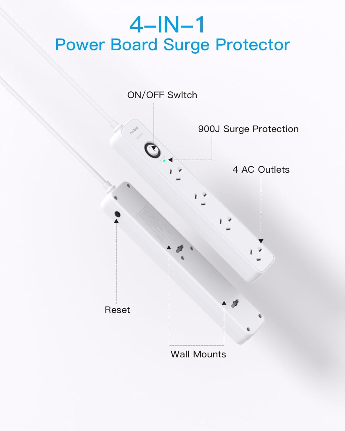 One Beat White Power Strip with Surge Protection and Single Switch NEW