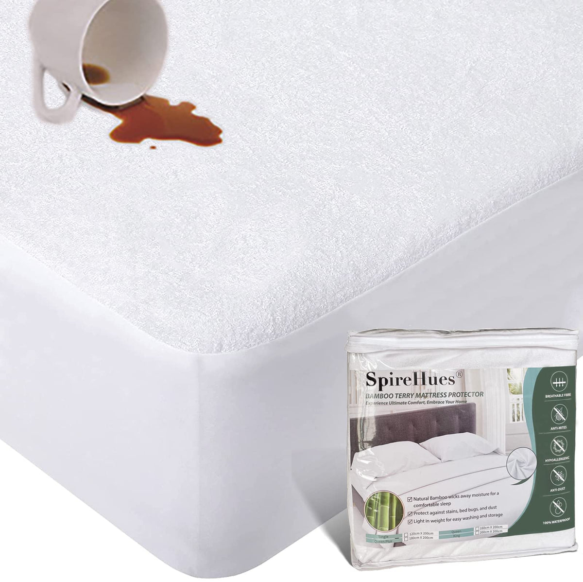 SpireHues Cooling Bamboo Mattress Protector Waterproof Noiseless Fitted KING NEW