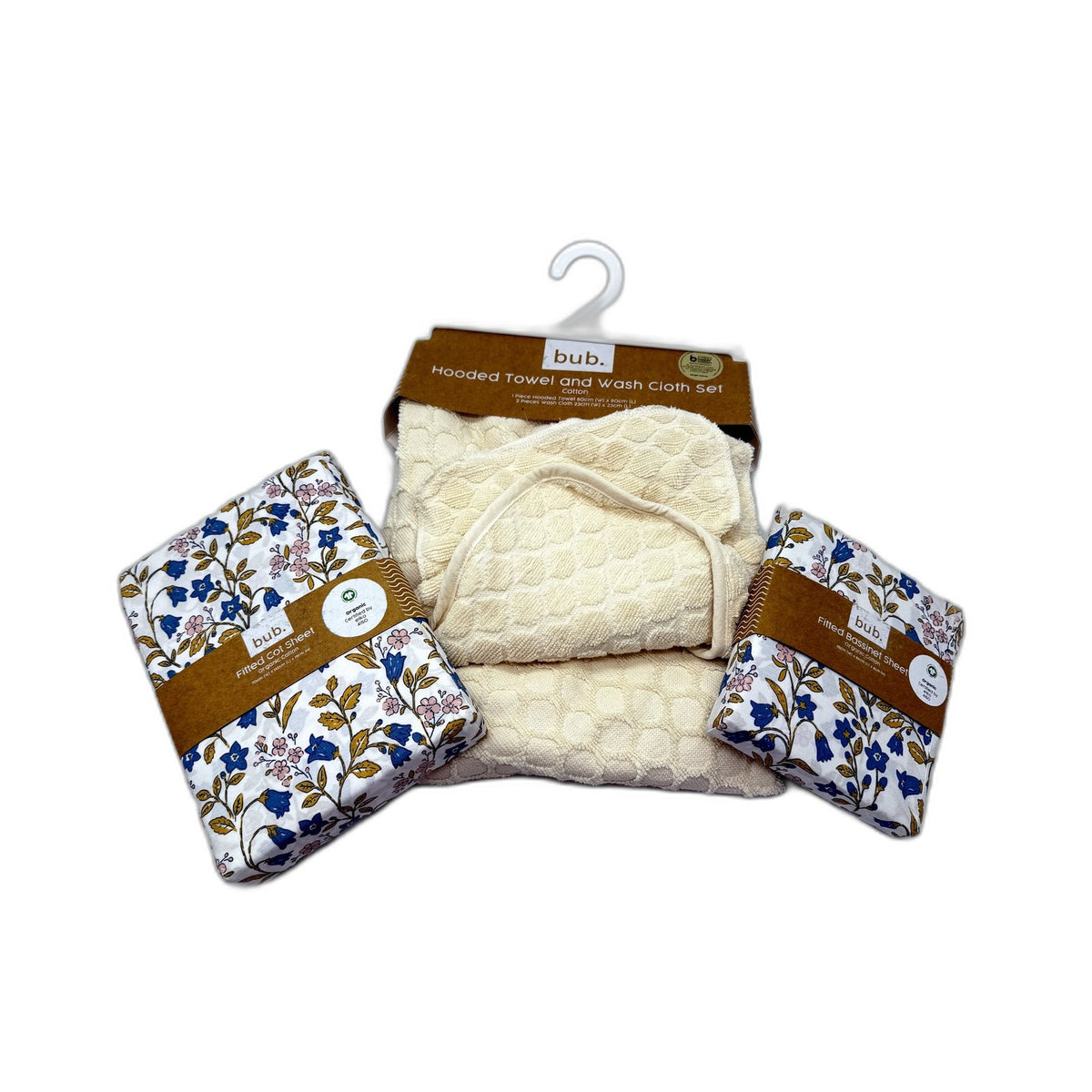 bub. Organic Cotton Hooded Towel, Floral Cot & Basinet Sheet Set NEW