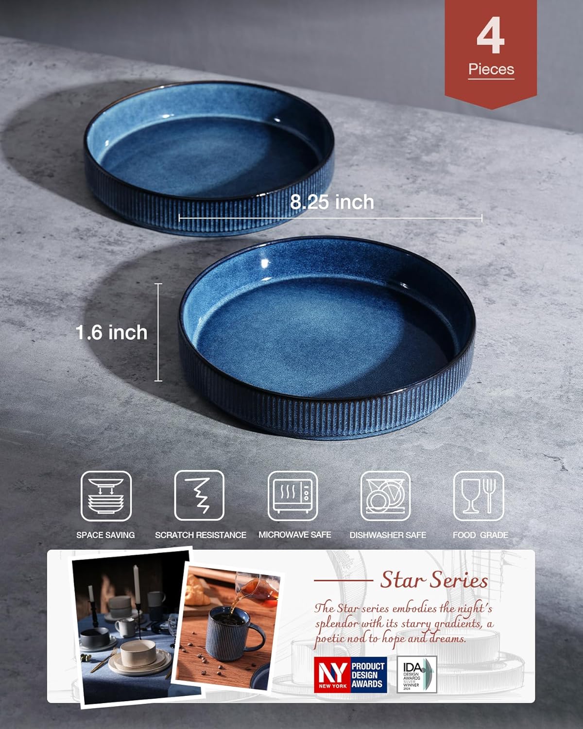 famiware 8.25" Star Nebulas Blue Stoneware Salad Pasta Bowls Set of 4 NEW