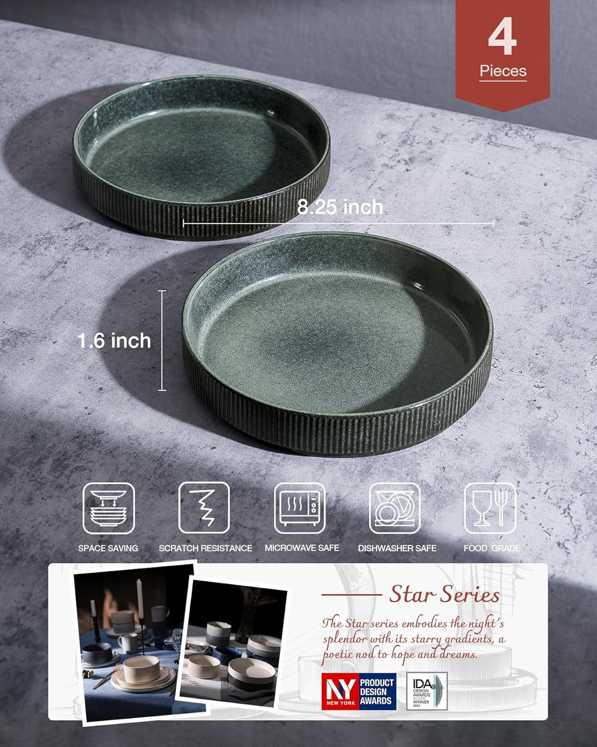 famiware Star 8.25" Pasta Bowls Set of 4 Large Dinner Salad Deep Forest NEW