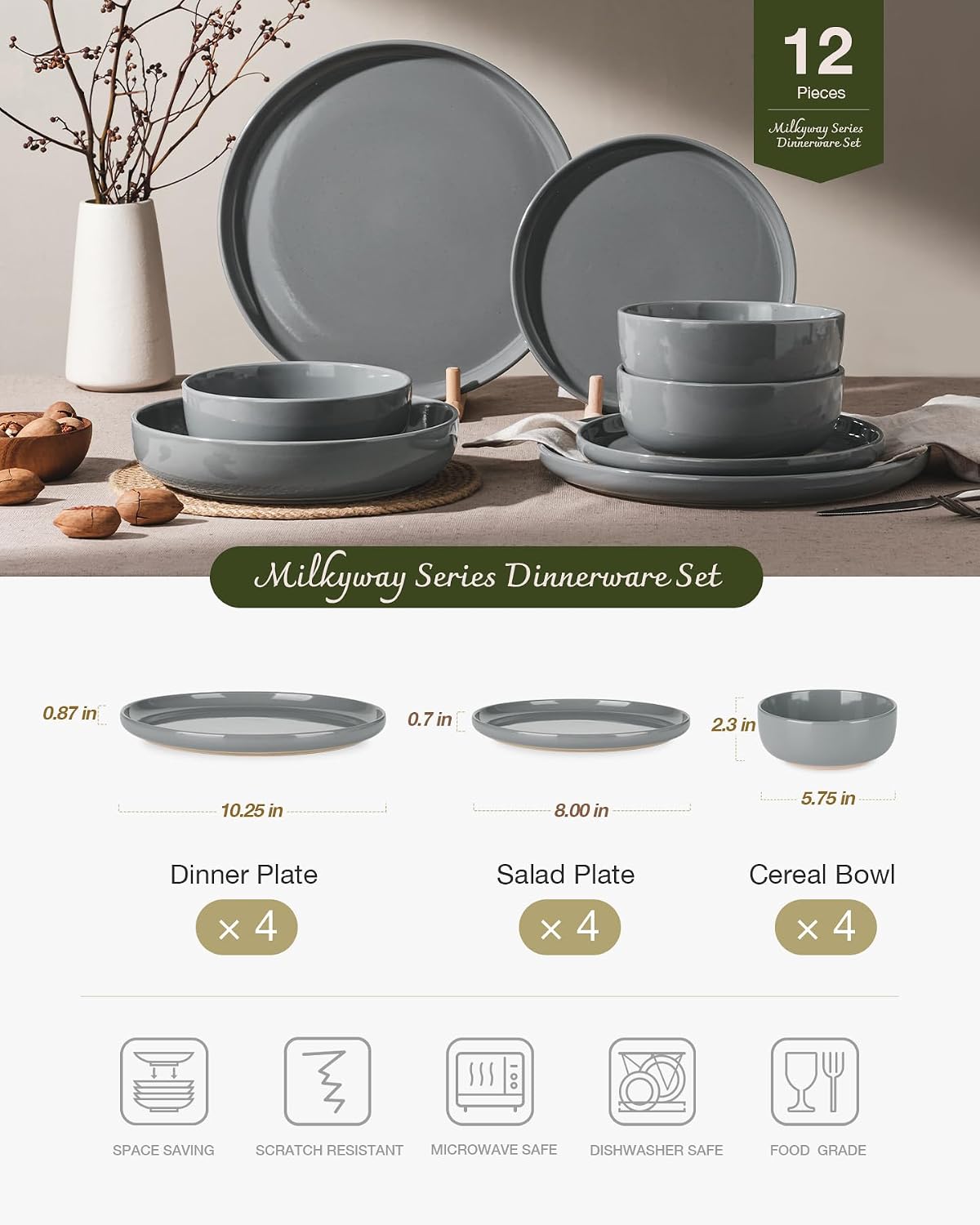 Famiware 12-Piece Dark Gray Dinnerware Set - Dinner Plates, Bowls, Mugs NEW