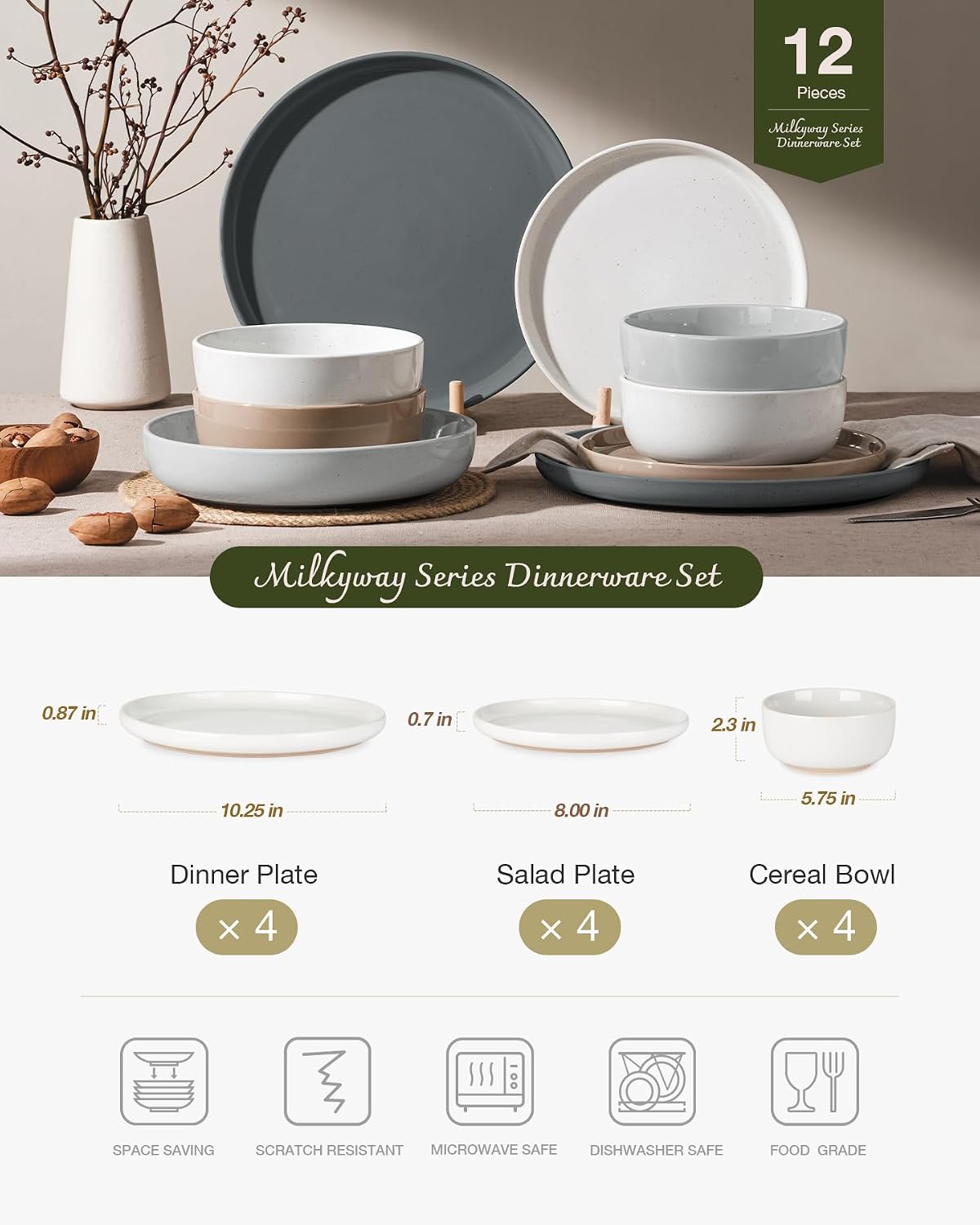 Famiware 12-Piece Multi-Color Dinnerware Set - Vibrant Stoneware NEW