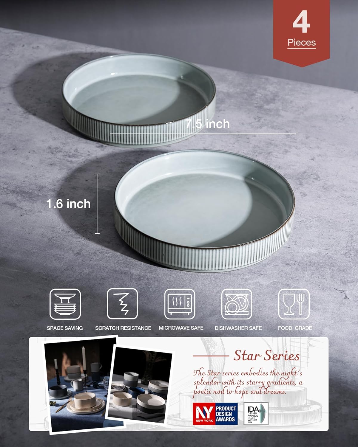 famiware 7.5" Pasta and Salad Bowl Set 4-Piece Star-Smoky Blue Stoneware NEW