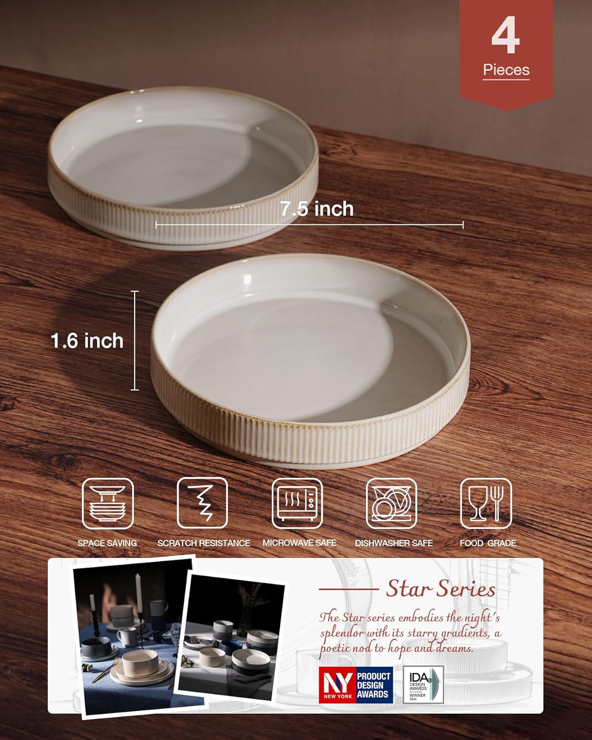 famiware 7.5" Pasta Bowls Set of 4 Salad Ceramic Stoneware Star-Cappuccino NEW