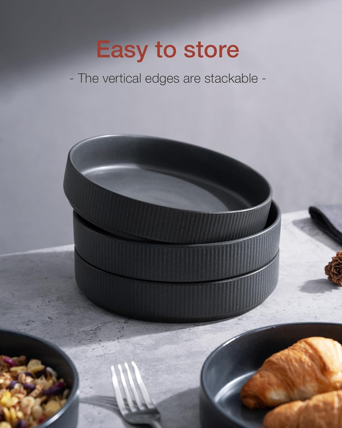 famiware 7.5" Pasta Bowls Set Double Reactive Glaze Dark Matte Dark Charcoal NEW