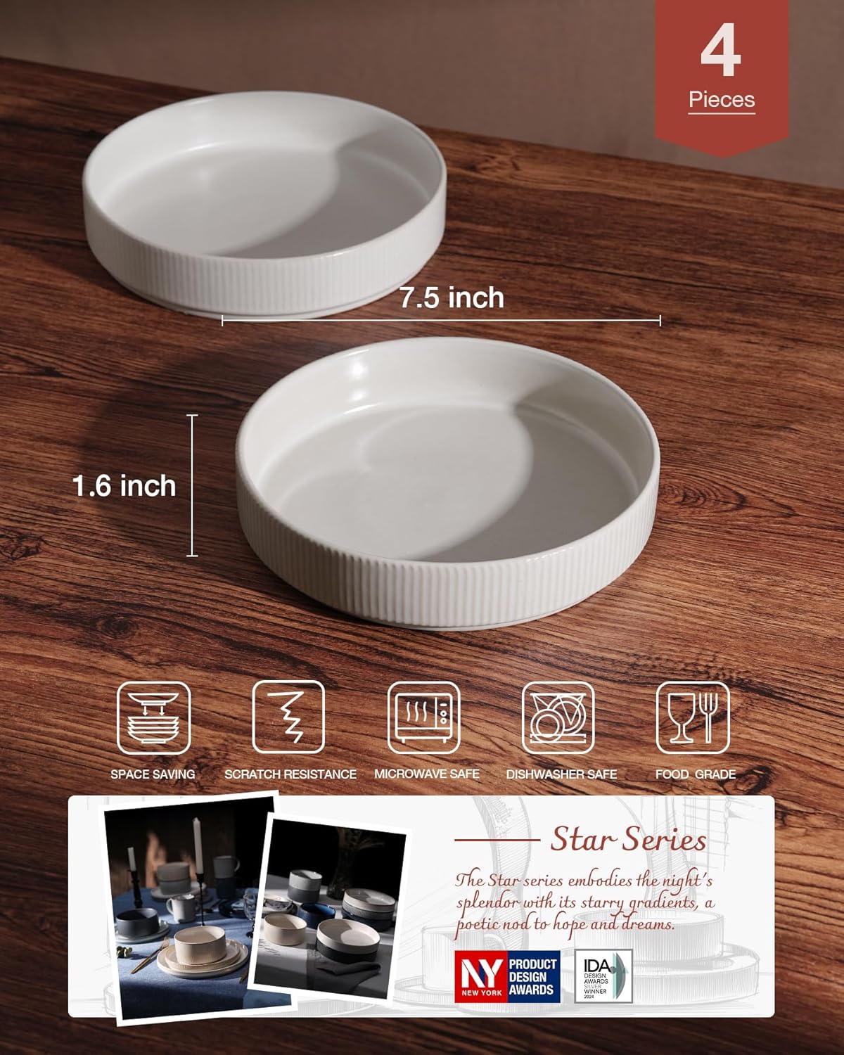 famiware 7.5" Pasta Bowls Set of 4 Salad Stoneware Ceramic Star-Matte White NEW