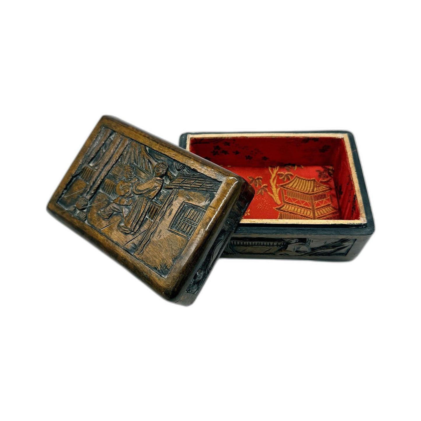 Vintage Decorative Wooden Storage Box Satin Lined - Carved Collectible