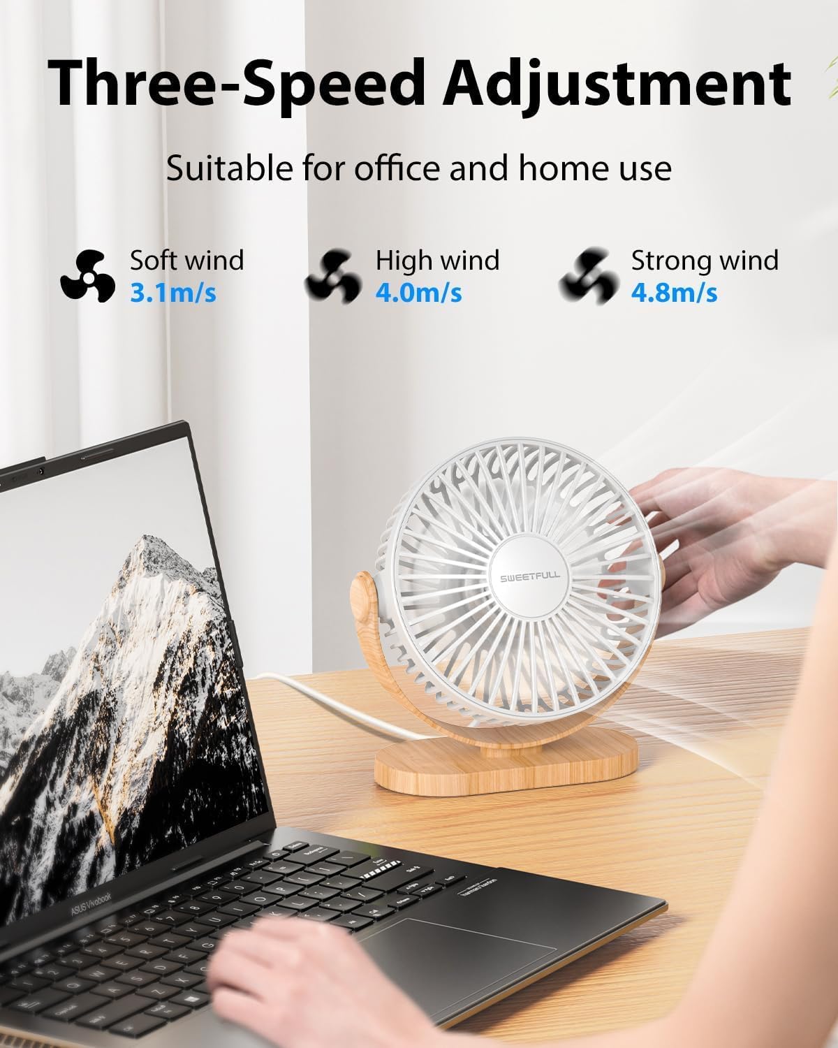 SWEETFULL Quiet 3-Speed Portable Desk Fan, 360° Adjustable, White, Whisper NEW