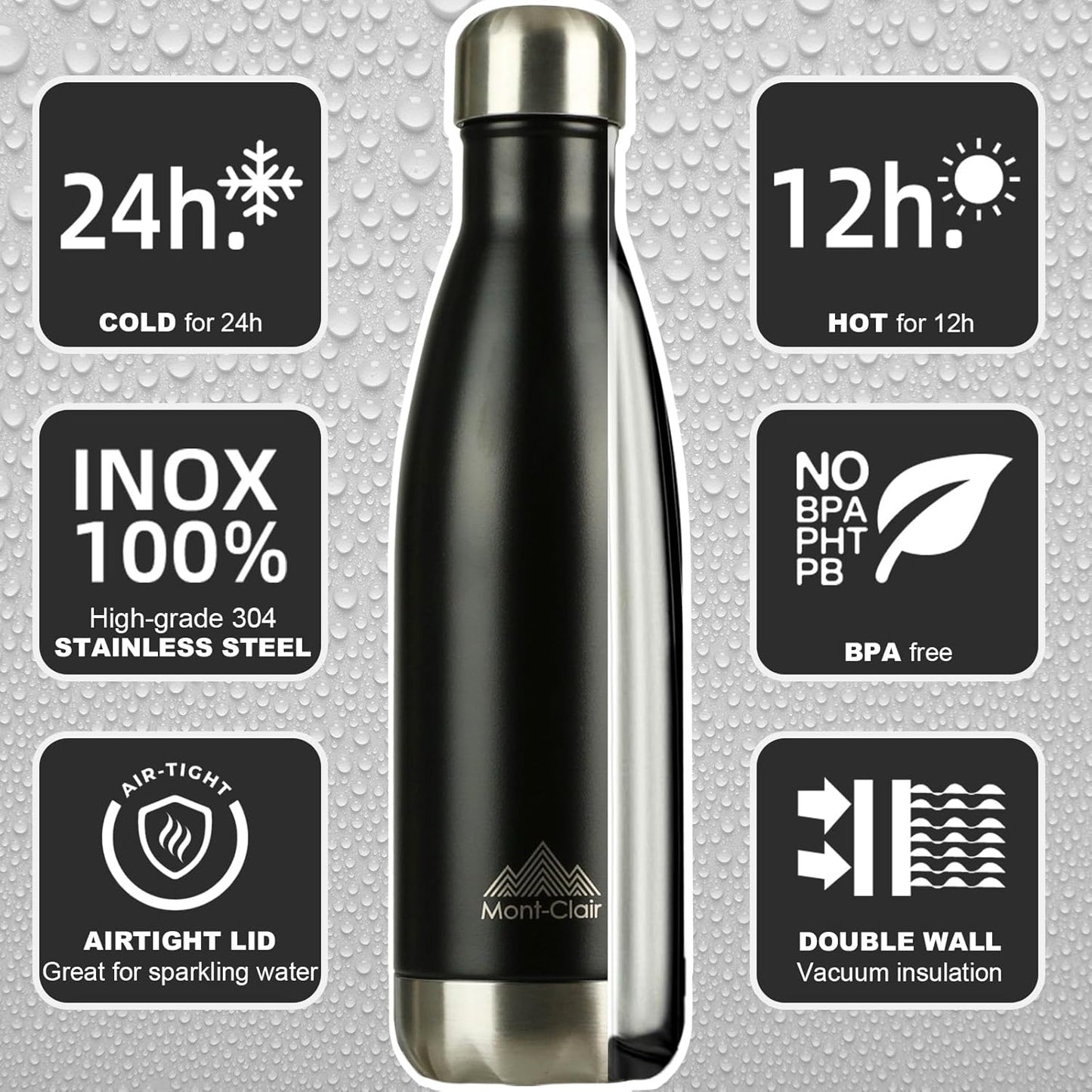 Mont-Clair Stainless Steel Vacuum Insulated Water Bottle Black BPA NEW