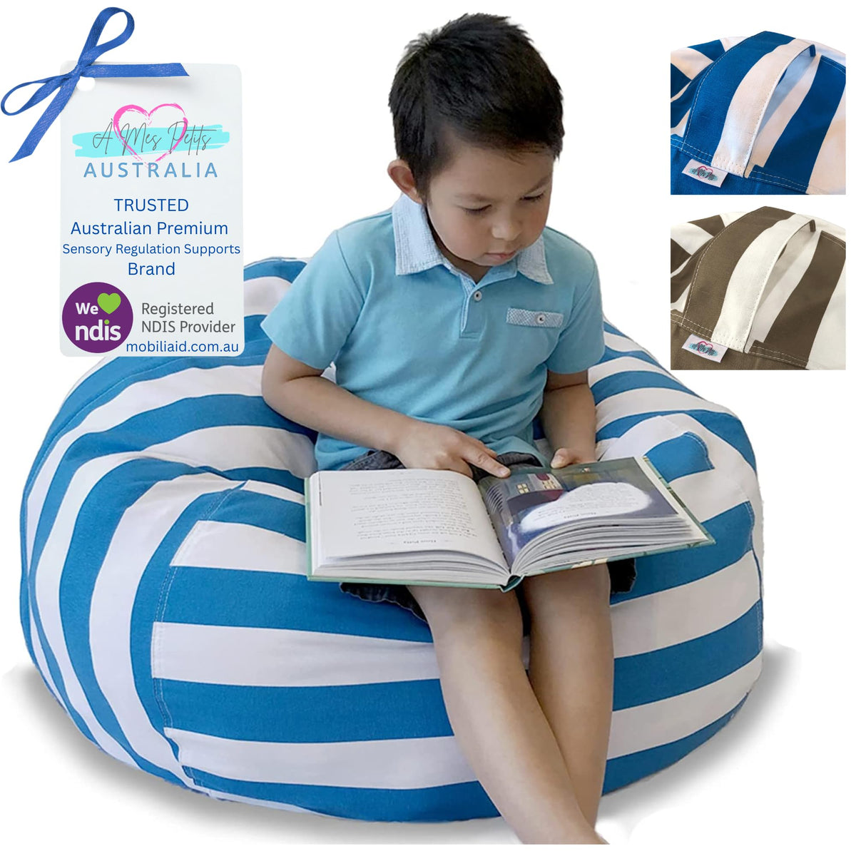 À Mes Petits Extra Large 96.5cm Round Blue & White Striped Bean Bag Cover NEW