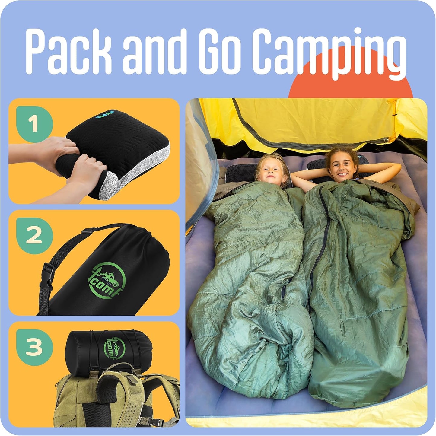 TCOMF Small Travel Pillow Memory Foam Dual-Cover Firm Camping Neck Support NEW