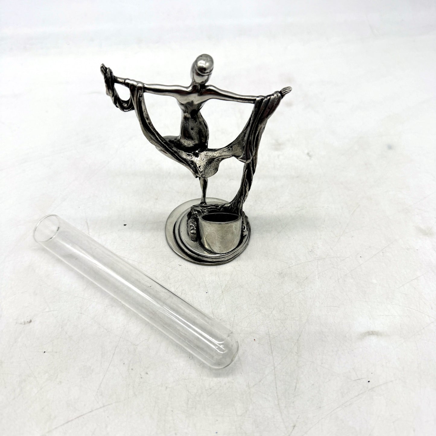 VINTAGE Art Deco Style Silver Metal Lady Sculpture & Glass Bud Vase 14cm