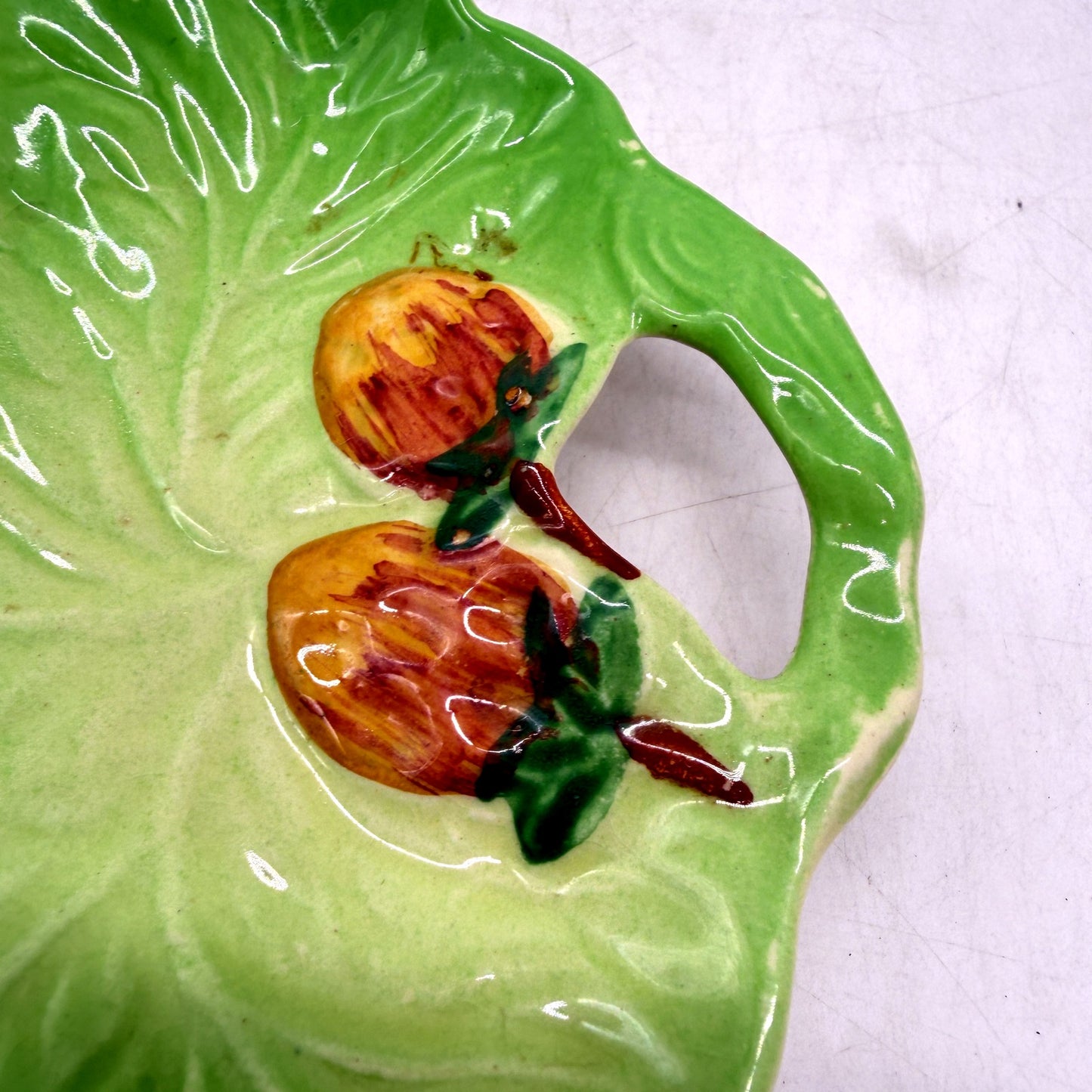 VINTAGE Handcrafted Staffordshire Ceramic Green Leaf Dish 13cm Unique Home Decor