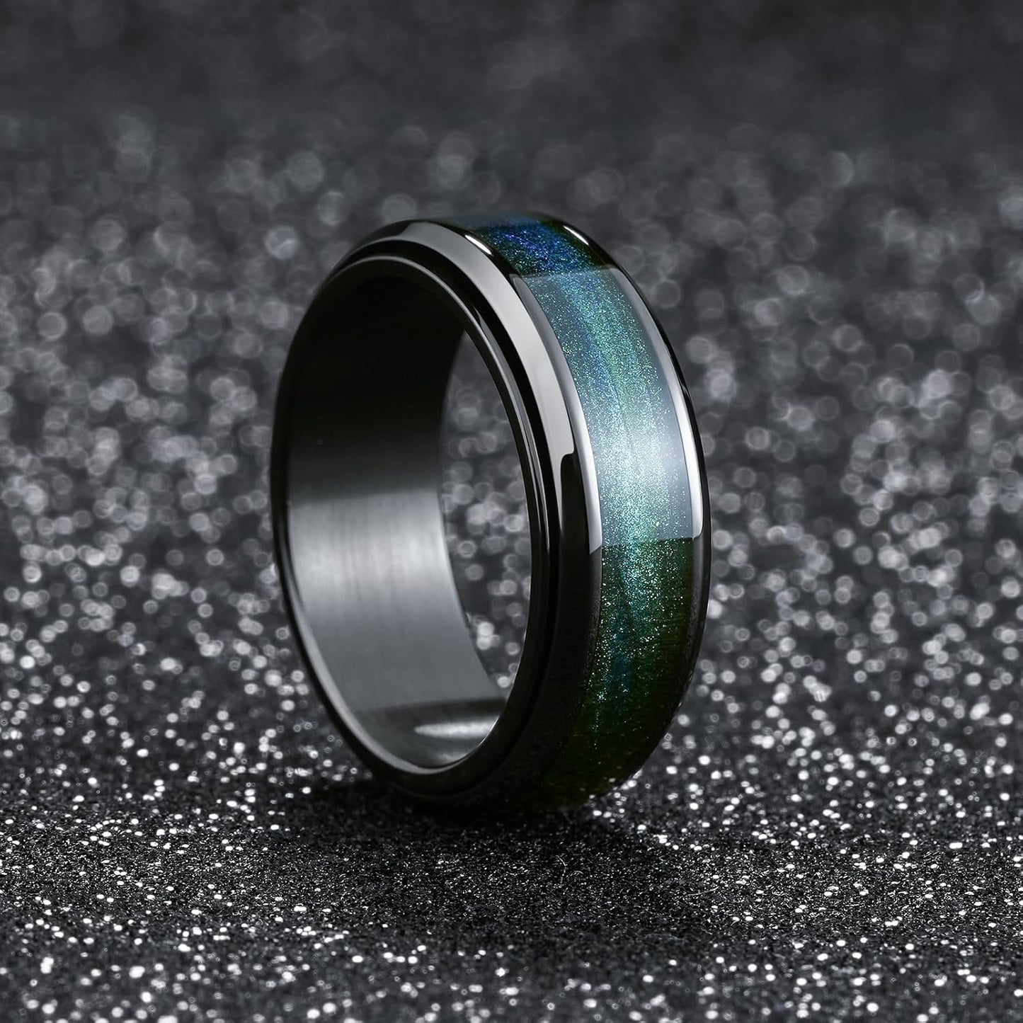 King Will Ring 8mm Stainless Steel Spinner Band Black-Blue Green Men Size 13 NEW