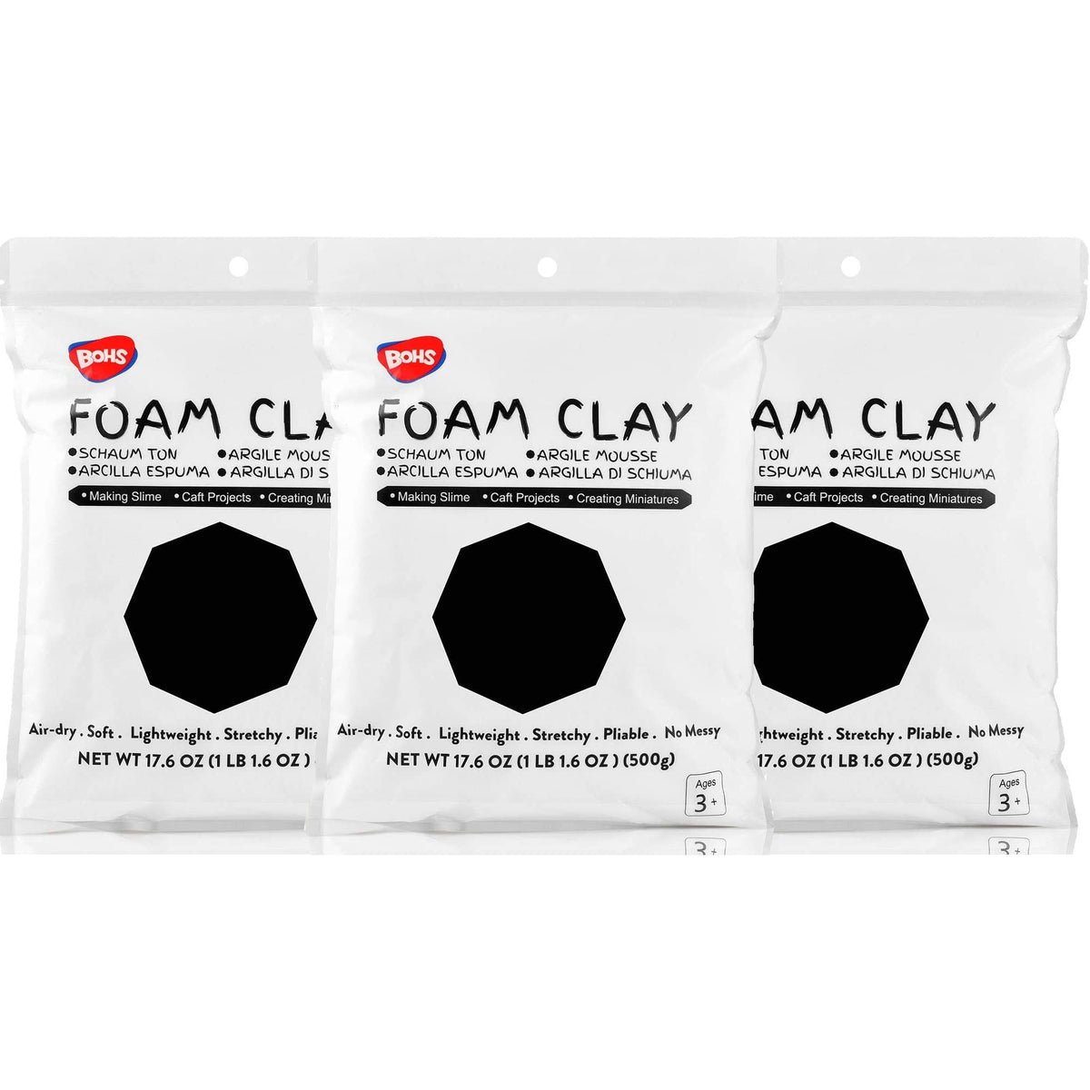 BOHS Black Foam Clay Squishy Soft Air Dry for School Projects & Crafts 3 Pk NEW