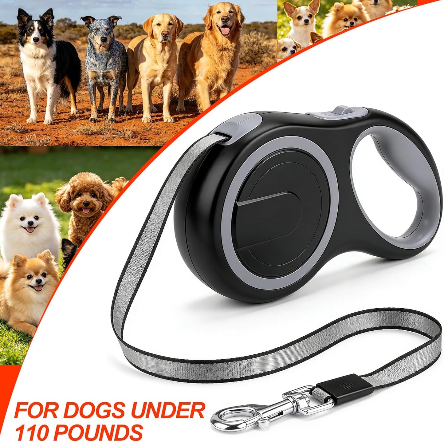 AIDERLY Retractable Dog Leash Heavy Duty Nylon Tape Black Grey 8M DEMO