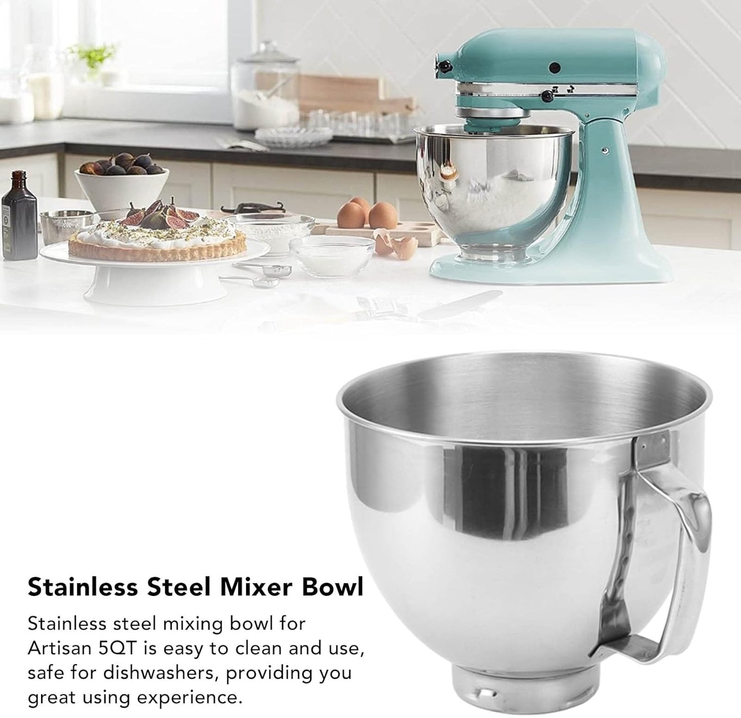 Zudoo Stainless Steel Mixing Bowl Replacement for 4.5-5 Quart Mixers Silver NEW