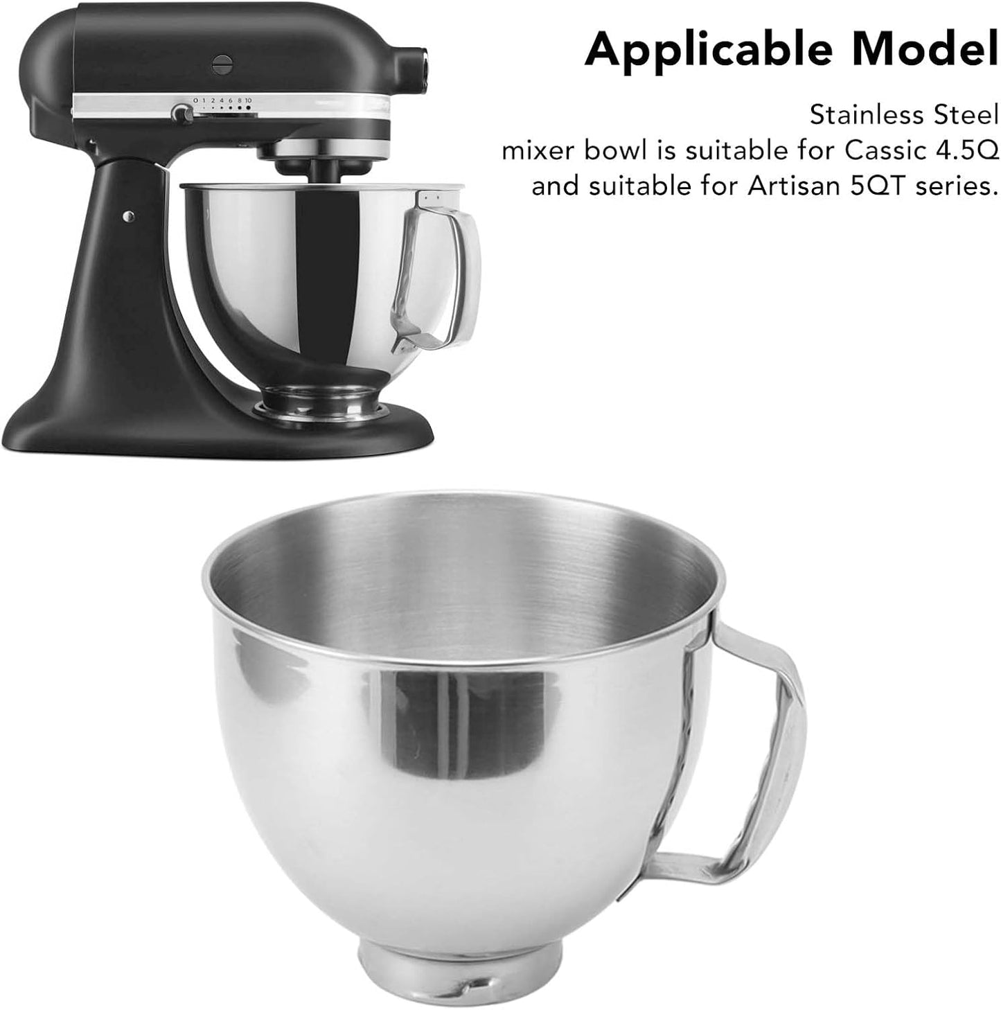 Zudoo Stainless Steel Mixing Bowl Replacement for 4.5-5 Quart Mixers Silver NEW
