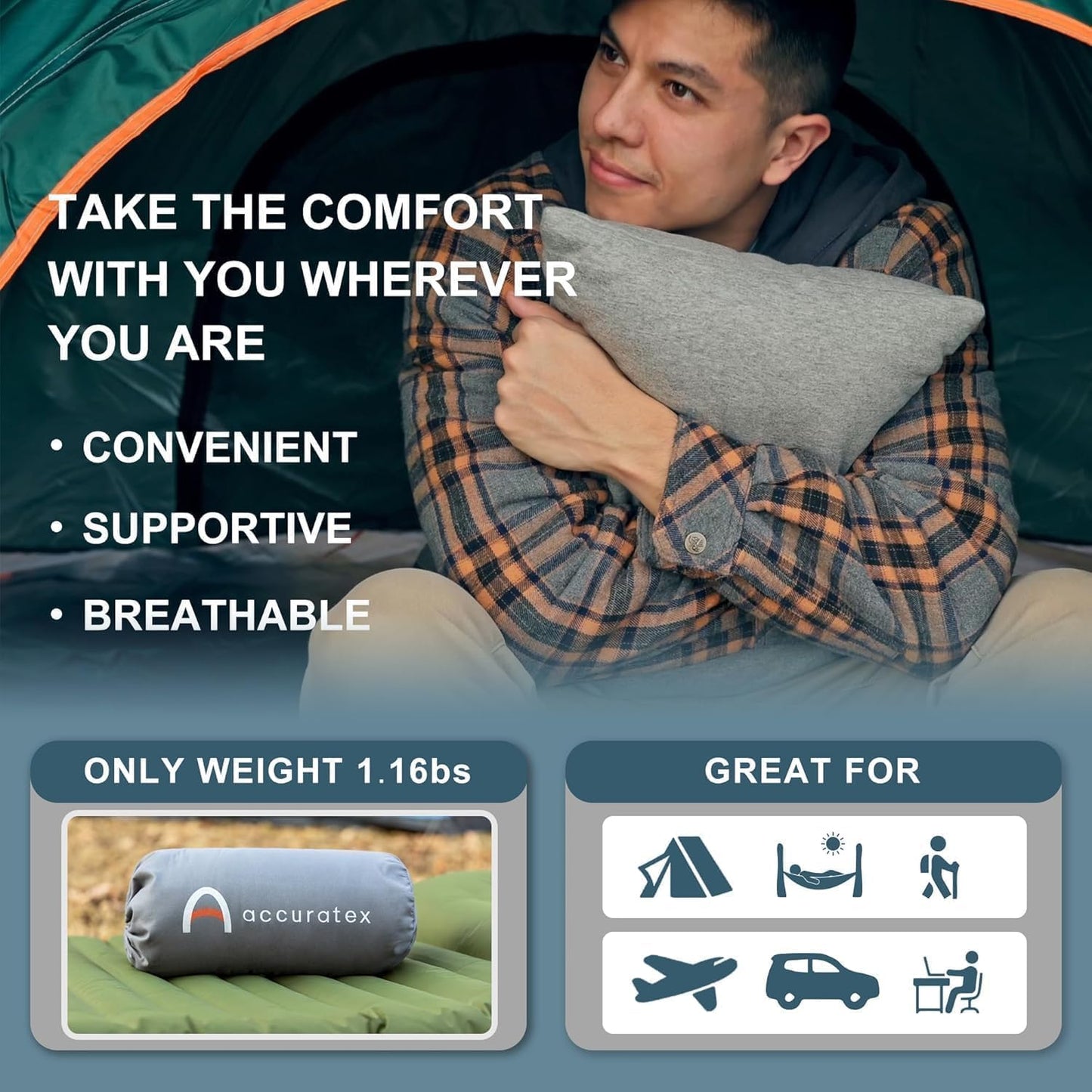 ACCURATEX Breathable Blue Cover Cotton Shredded Memory Foam Camping Pillow DEMO