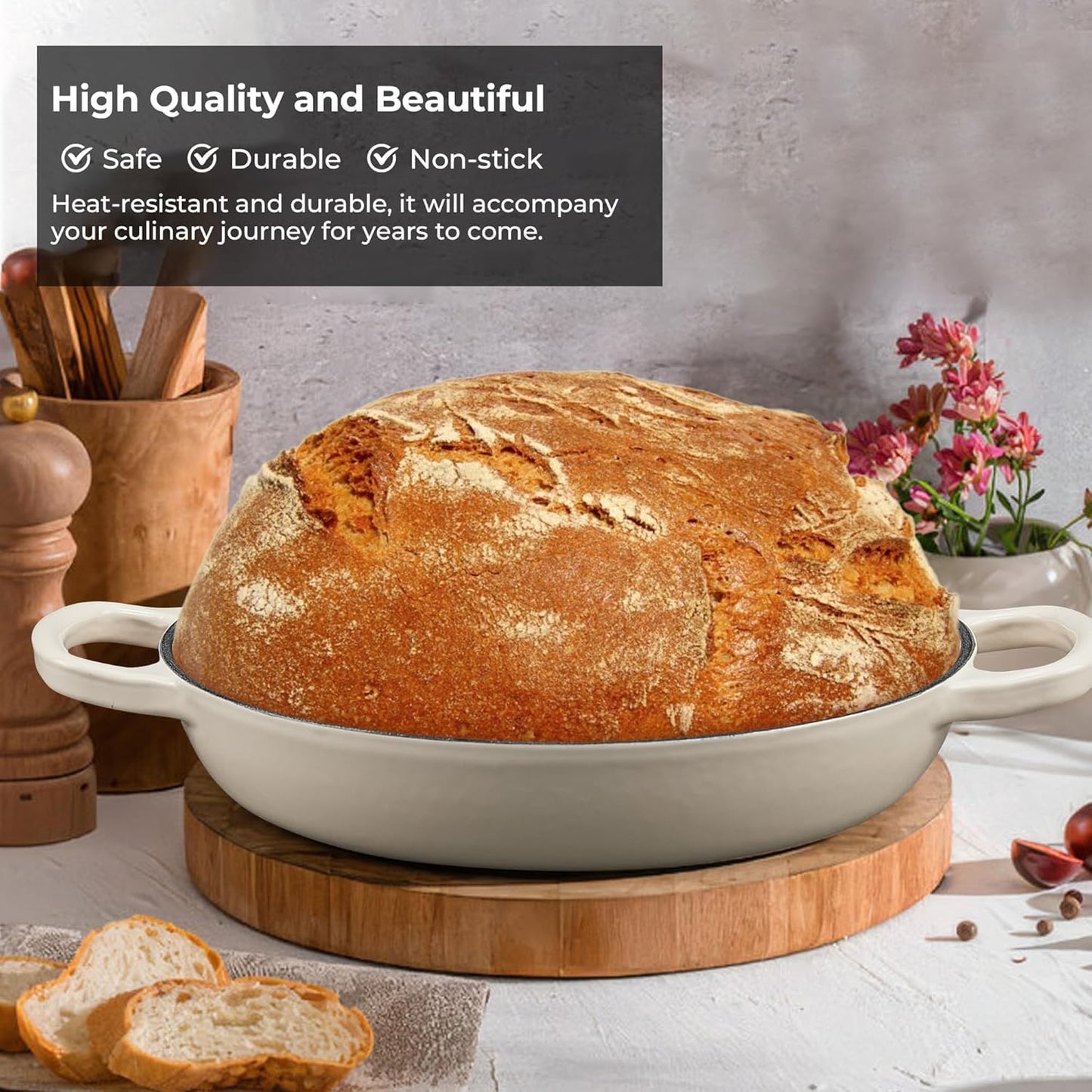Slingcy Enameled Cast Iron Dutch Oven for Sourdough Bread Baking White NEW