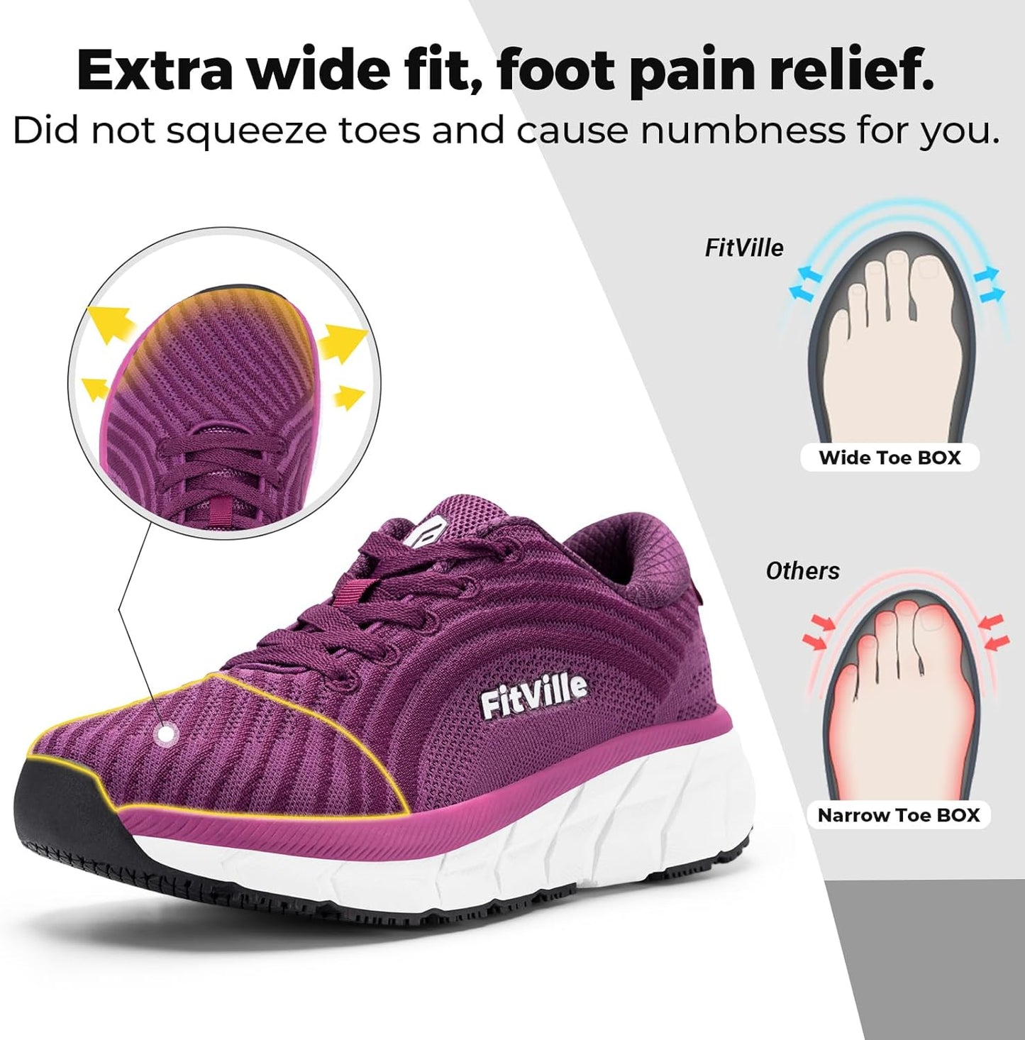FitVille Lightweight WIDE FIT Raspberry Purple Road Running Shoes US 8W DEMO