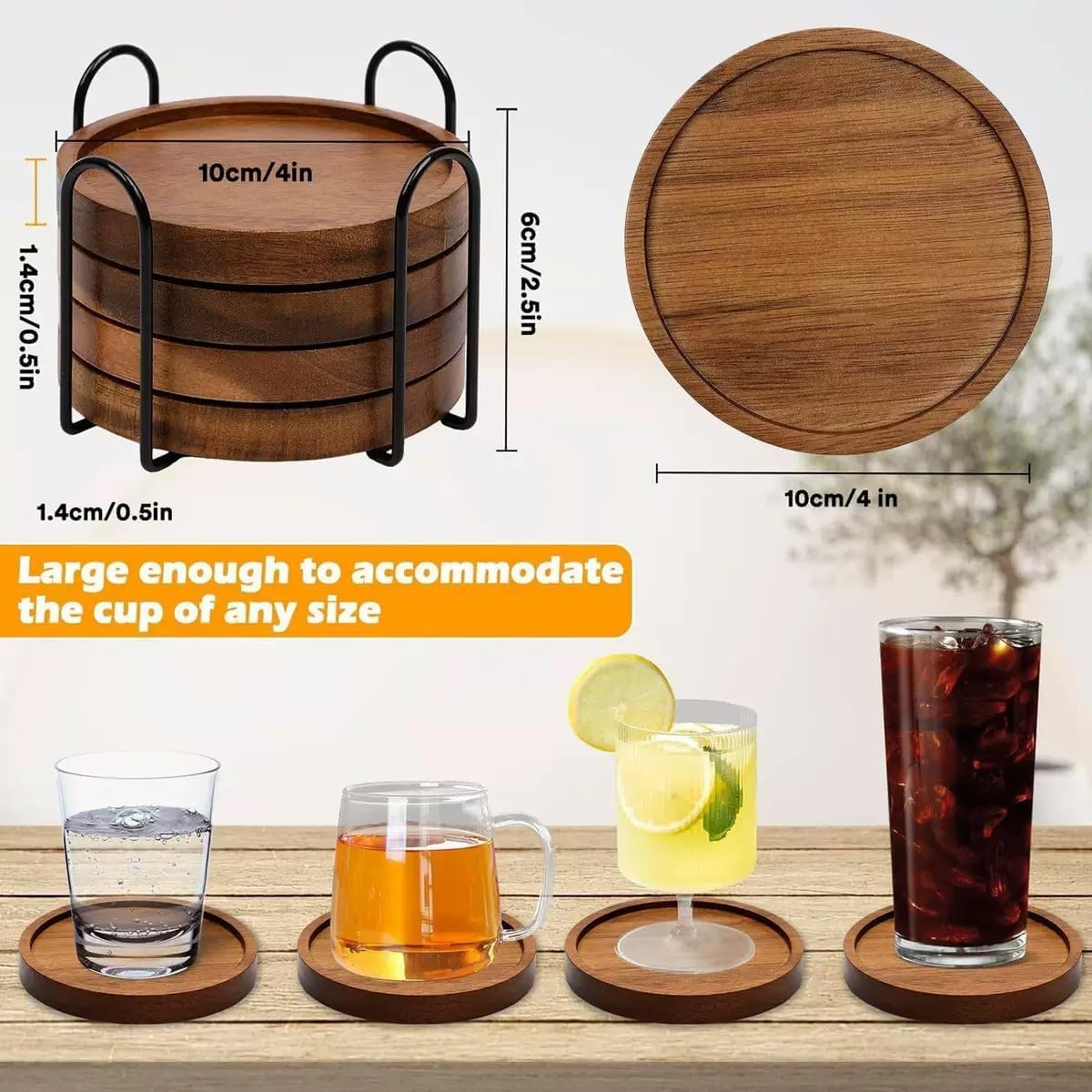 FLTON 6-Pack Wooden Coasters with Holder for Glasses Coffee Table Drinks NEW