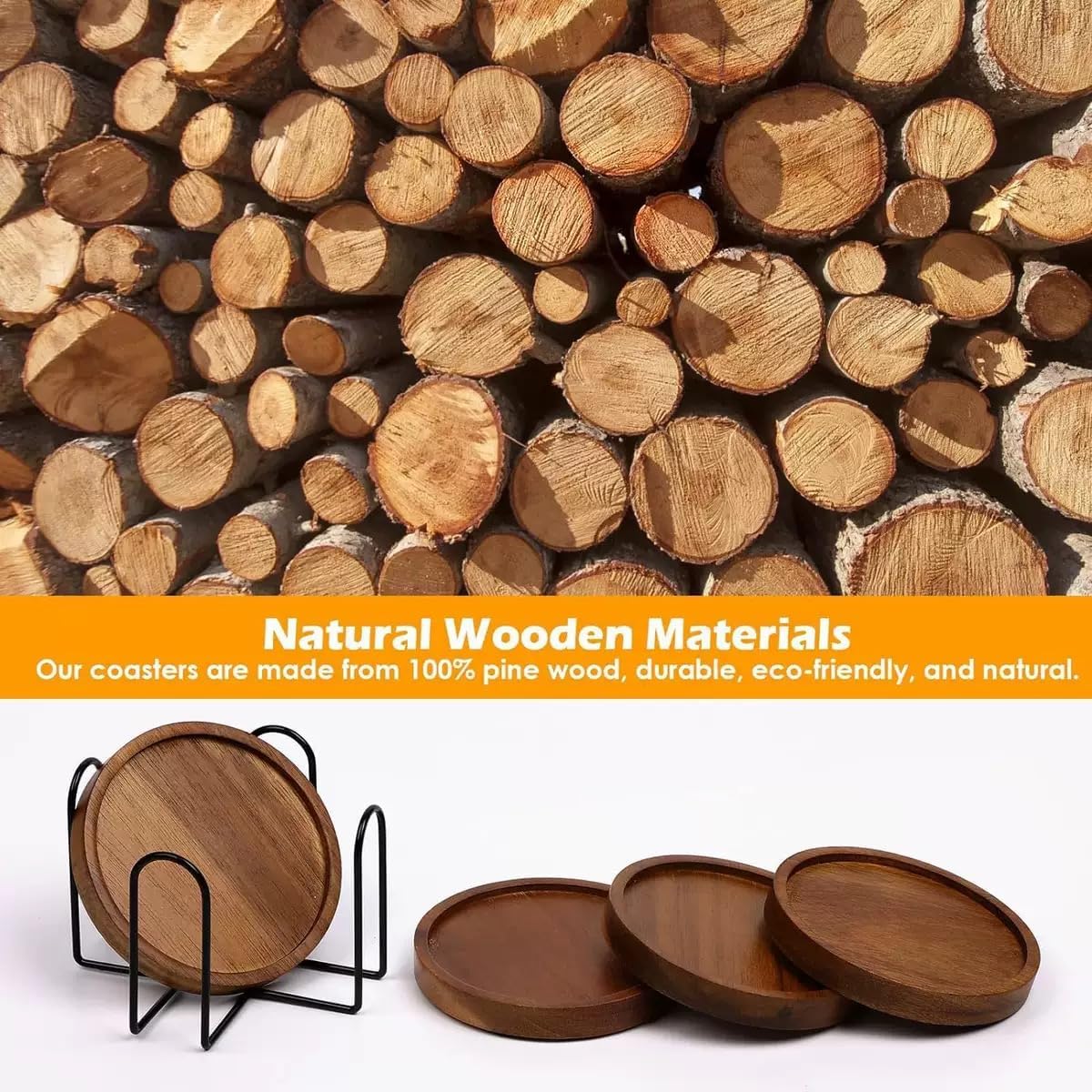 FLTON 6-Pack Wooden Coasters with Holder for Glasses Coffee Table Drinks NEW