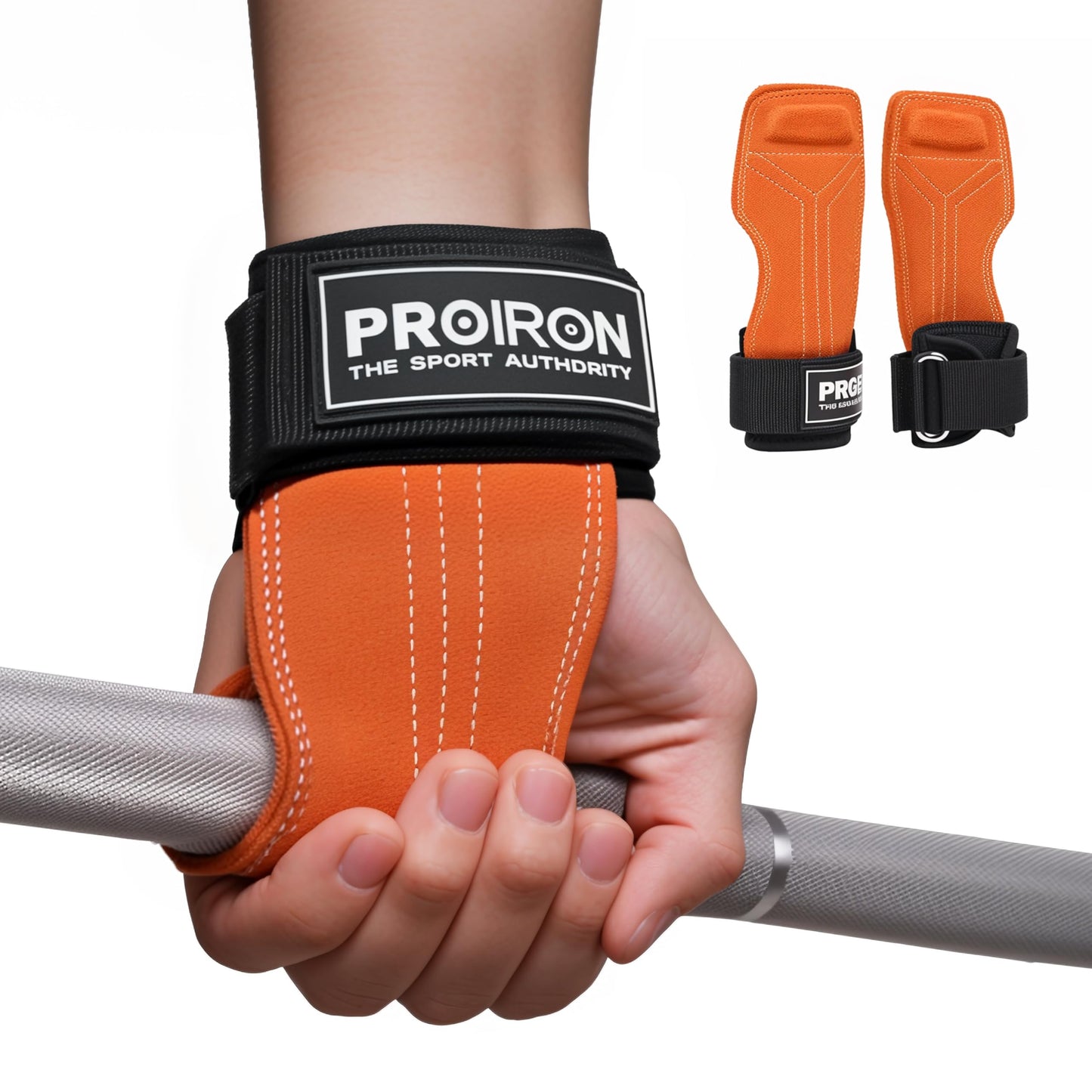 PROIRON Leather Weight Lifting Wrist Straps, Double Layer, Orange, Gym LARGE NEW