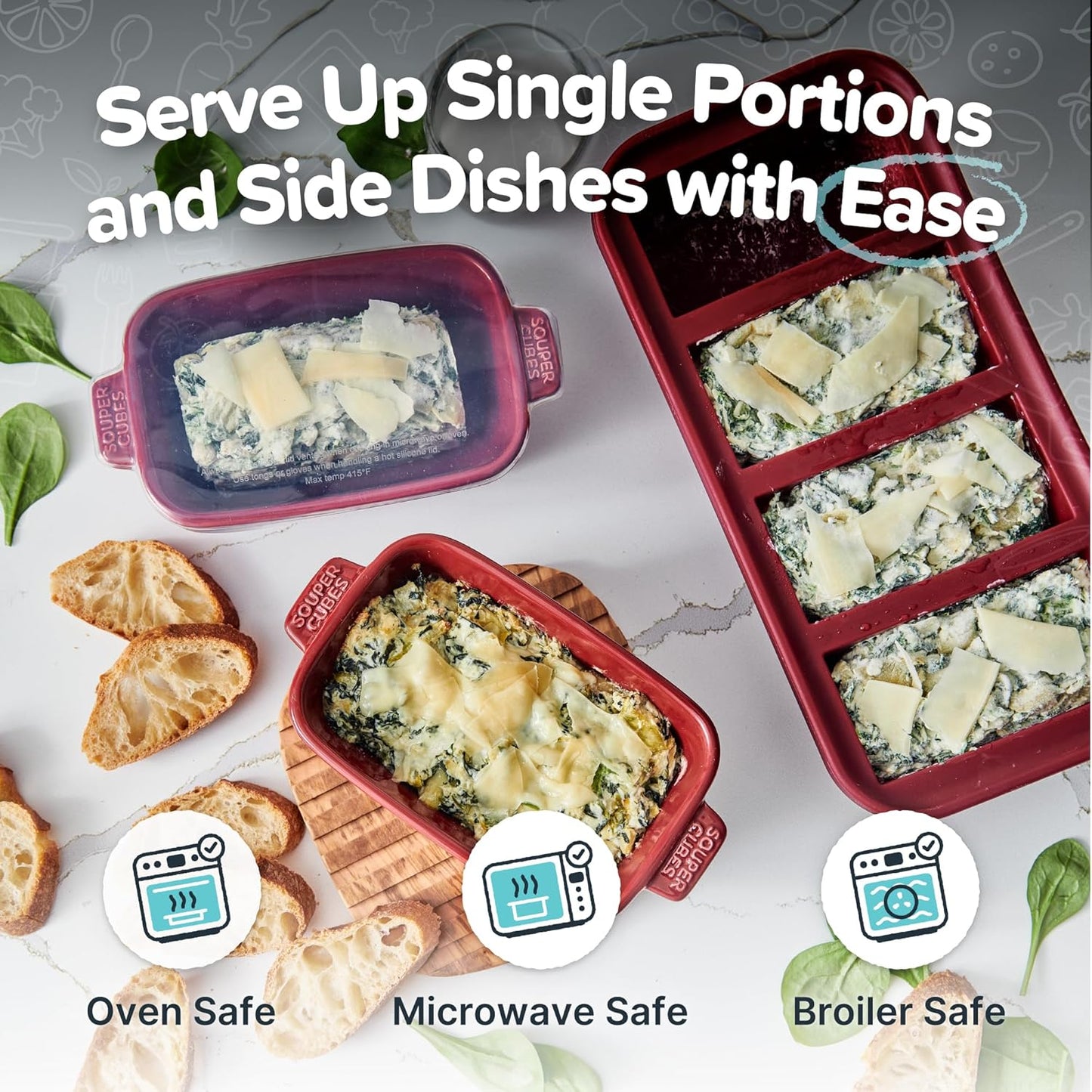 Souper Cubes Stoneware Casserole Dish with Silicone Lids, Cranberry 4 Pack NEW