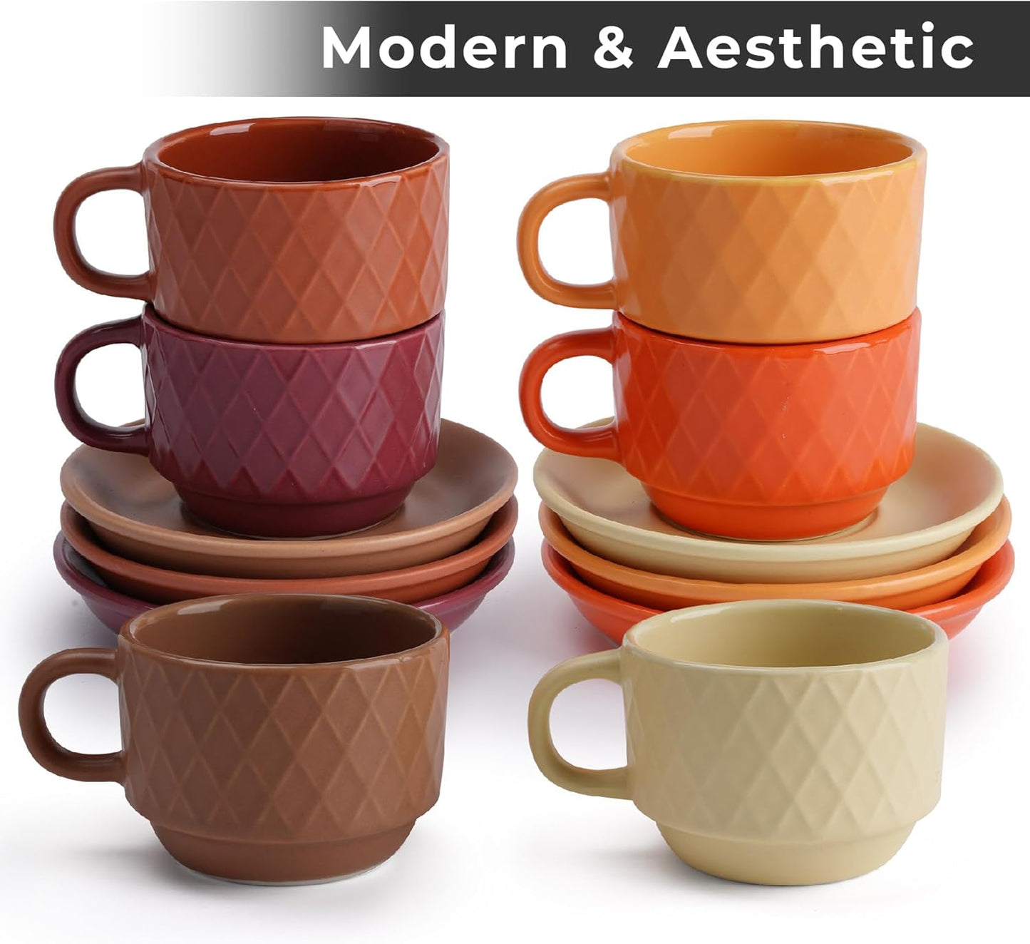 MIAMIO Petit Stoneware Espresso Mug Cup Set with Stand and Saucers Magma DEMO