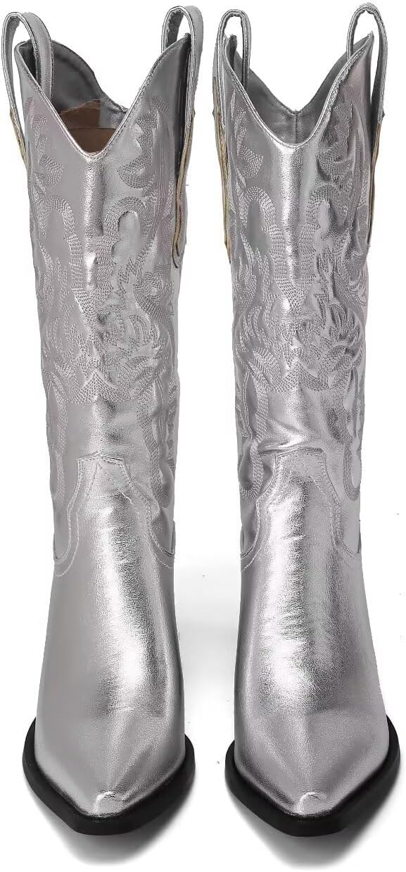 CIERWS Embroidered Western Cowgirl Knee-High Boots in Silver Size 12 DEMO