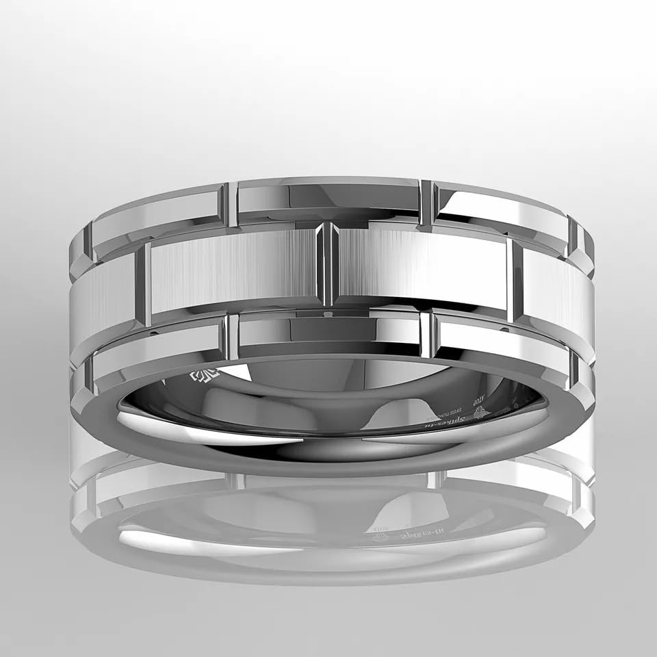 Larmyia Polished Silver Brick Pattern Tungsten Carbide Band Size 10 NEW