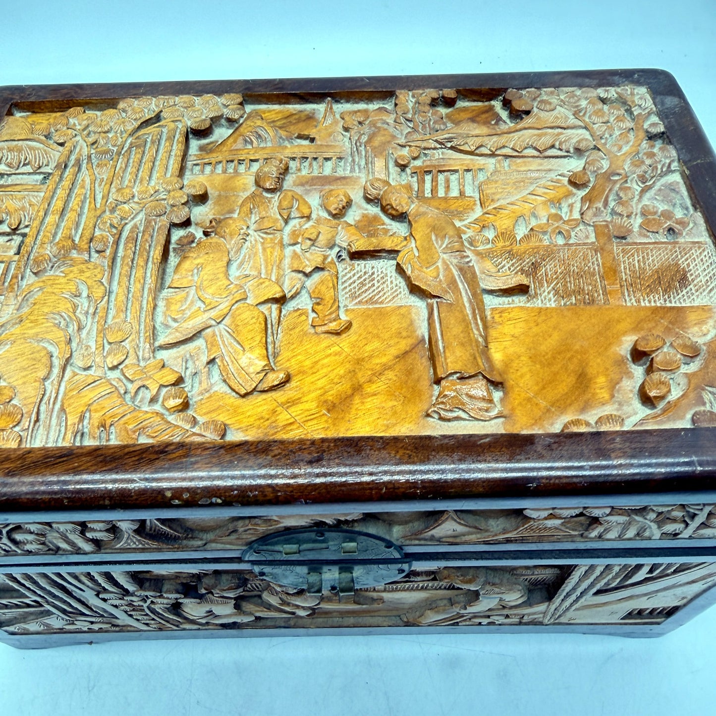 Vintage Rustic Decorative Wooden Box, Carved Antique Brown Storage Organizer
