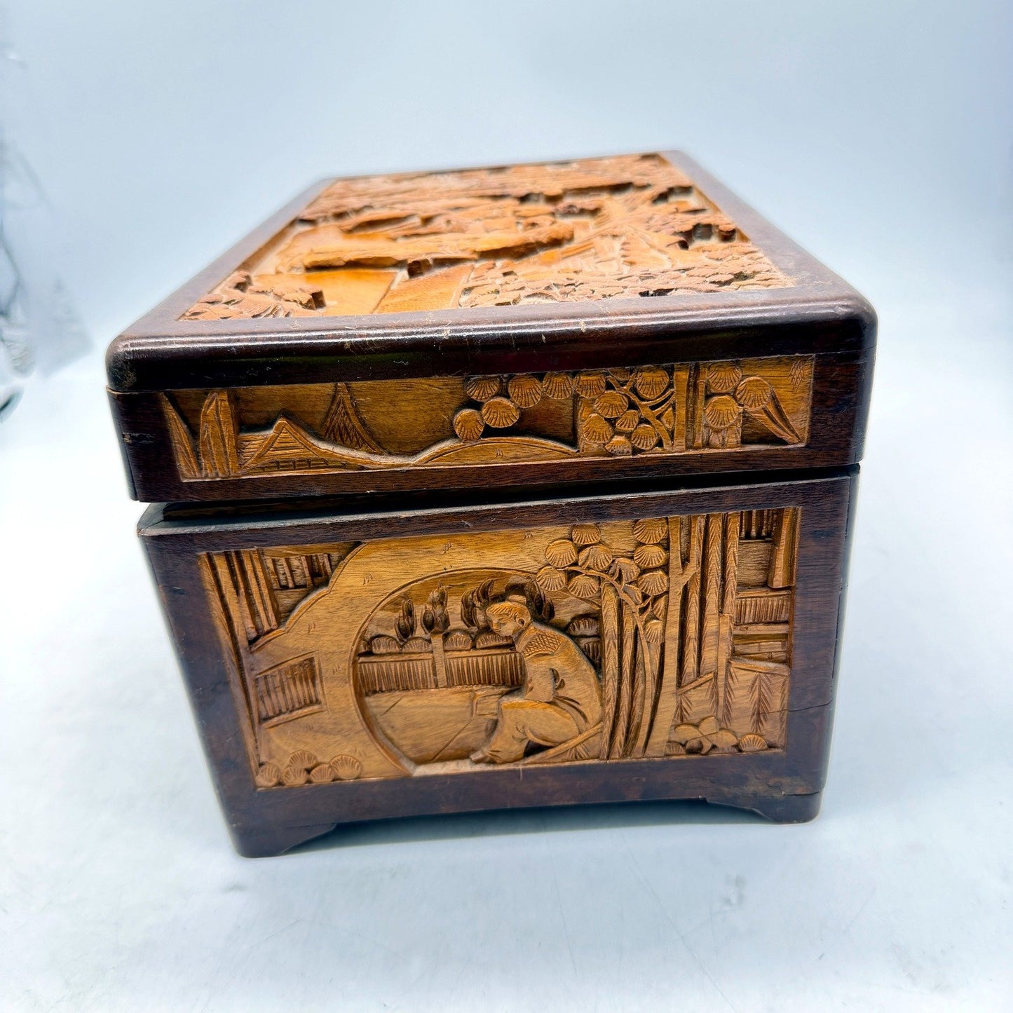 Vintage Rustic Decorative Wooden Box, Carved Antique Brown Storage Organizer
