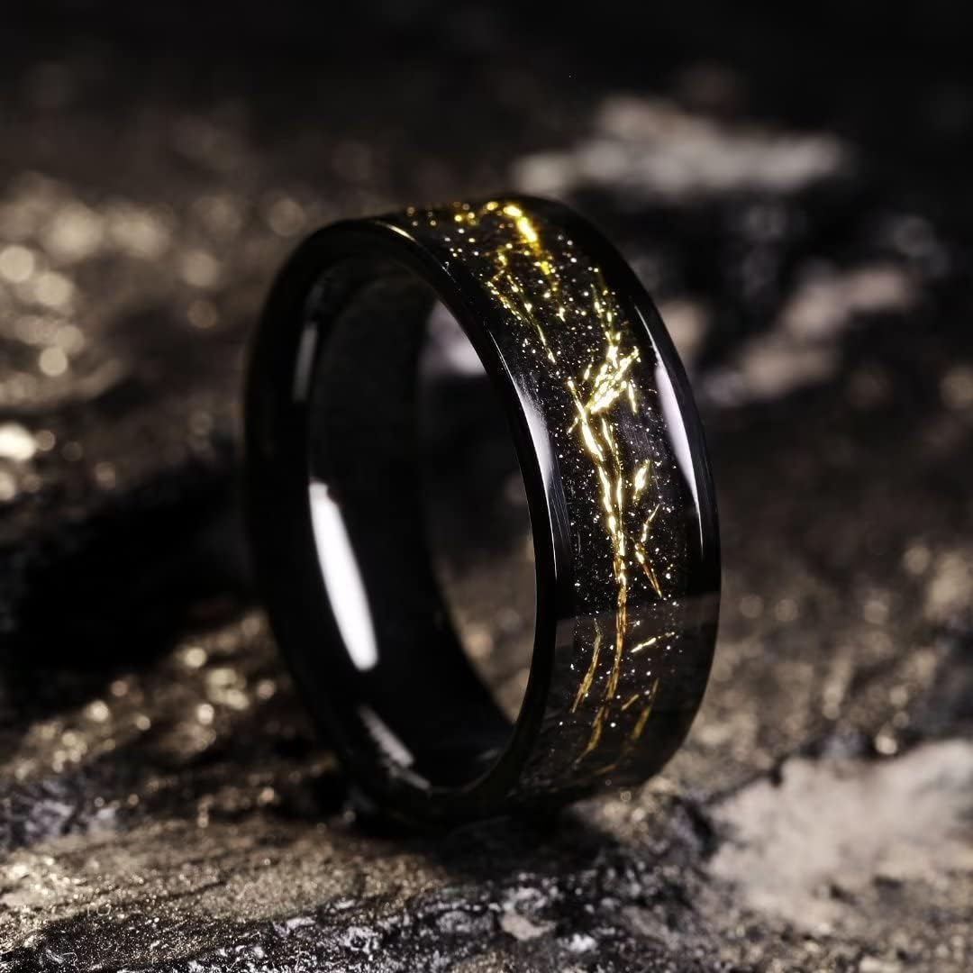 King Will 8mm Tungsten Carbide Ring Black & Gold Pipe Cut Inlay Size 11 NEW