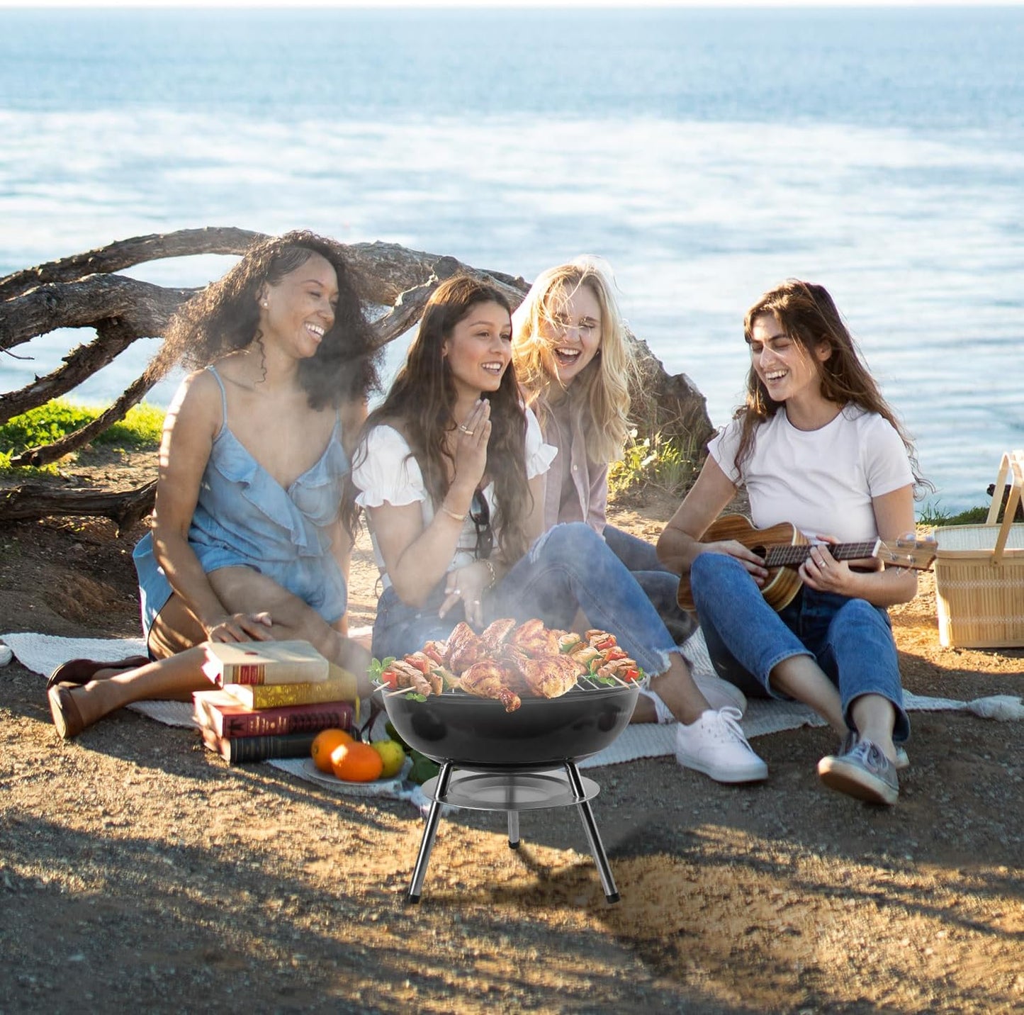 guogiyala Portable Outdoor Charcoal Grill 14" with 3-Point Locking Lid Red NEW